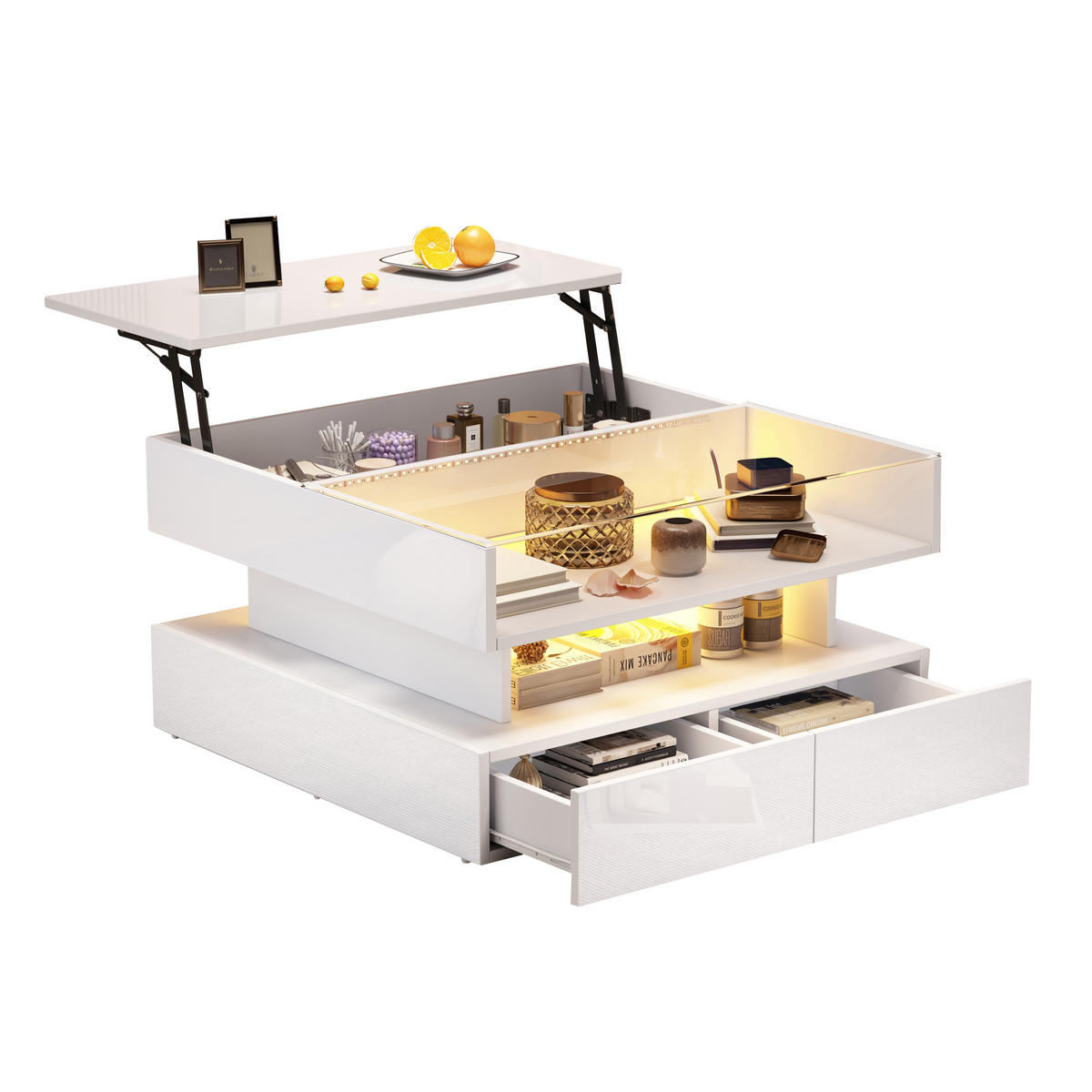 COUCHTISCH 80x80x45 cm Weiß LED 2 Schubladen Stauraum Glas - Weiß, Holzwerkstoff (80/80/45cm)