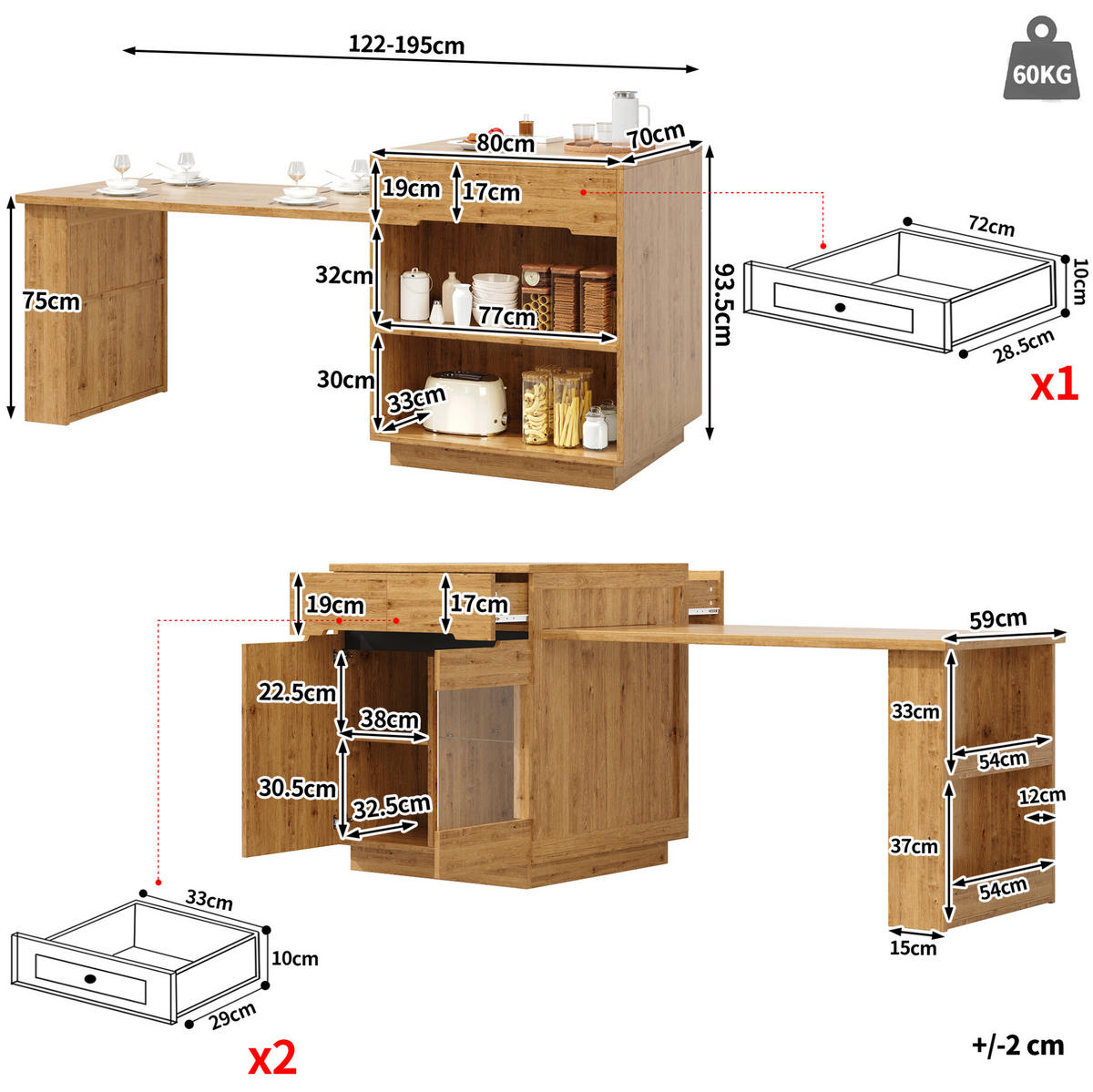 KÜCHENINSEL 122-195/70/93,5 cm mit ausziehbarem Tisch, LED-Beleuchtung und viel Stauraum, Holzfarben - Braun, Holzwerkstoff (122/93.5/70cm) - Redom
