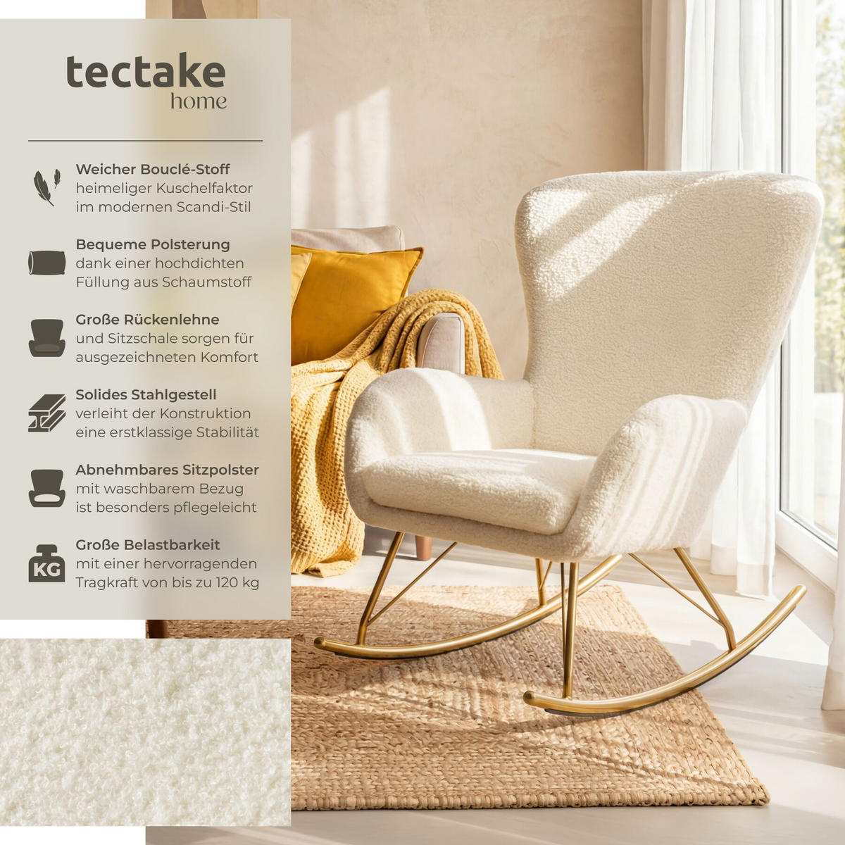 SCHAUKELSTUHL Swing, 70 x 93 x 100 cm, Belastbarkeit 120 kg, creme/gold - Goldfarben/Creme, Kunststoff (70/100/93cm) - tectake