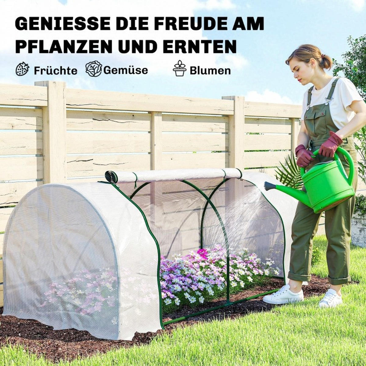 GEWÄCHSHAUS 200/100/80 cm in Weiß mit PE-Abdeckung und Reißverschluss-Tür - Weiß, Kunststoff (100/80/200cm) - Flora Grace