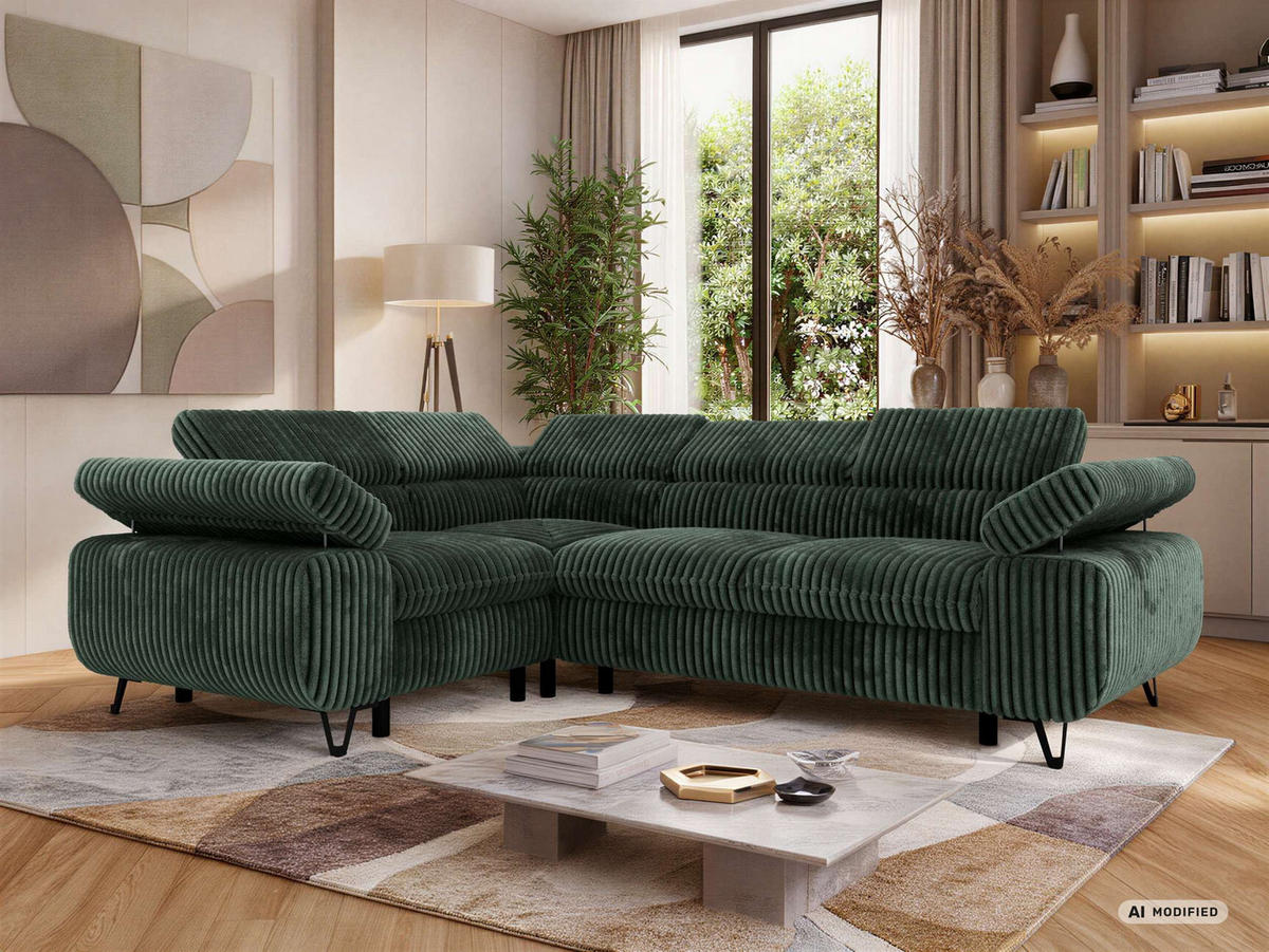 ECKSOFA ORSO L Dunkelgrün Cord - Links Seite - Dunkelgrün/Schwarz, Textil/Metall (197/268cm) - MKS