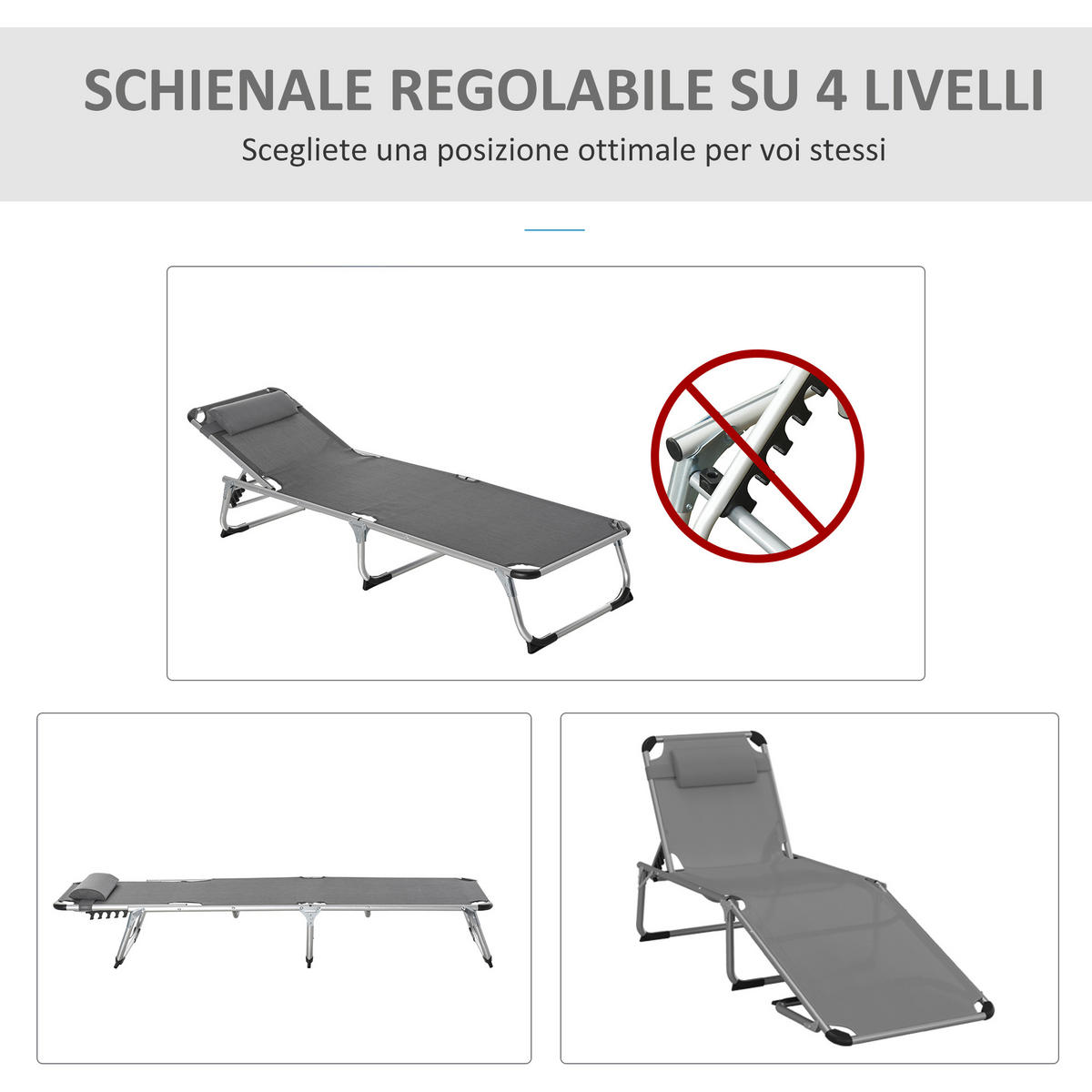 SONNENLIEGE Klappbarer Liegestuhl mit verstellbarer Kopf- und Rückenlehne aus Aluminium 60 x 165 x 76 cm ,Grau - Grau, Metall (60/76/165cm) - Vallsero