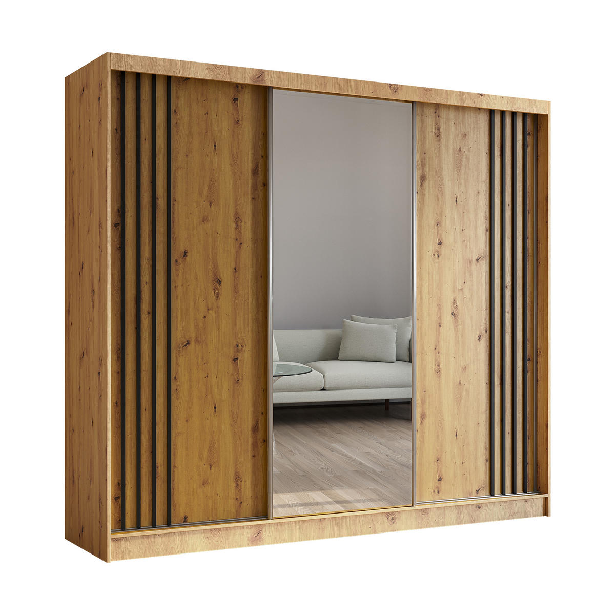 SCHWEBETÜRENSCHRANK NELVIA 240/216/61 cm 3-türig mit Spiegel Eiche Artisan - Eiche Artisan, Holzwerkstoff (240/216/61cm) - MASSENO