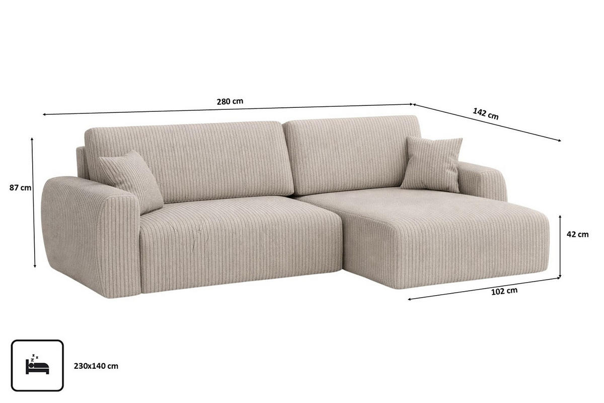 ECKSOFA Mit Schlaffunktion, Ariel XL, Cordstoff, Stoff Poso, Dunkelbeige, Rechts - Beige, Holz (280/142cm) - Kaiser Möbel