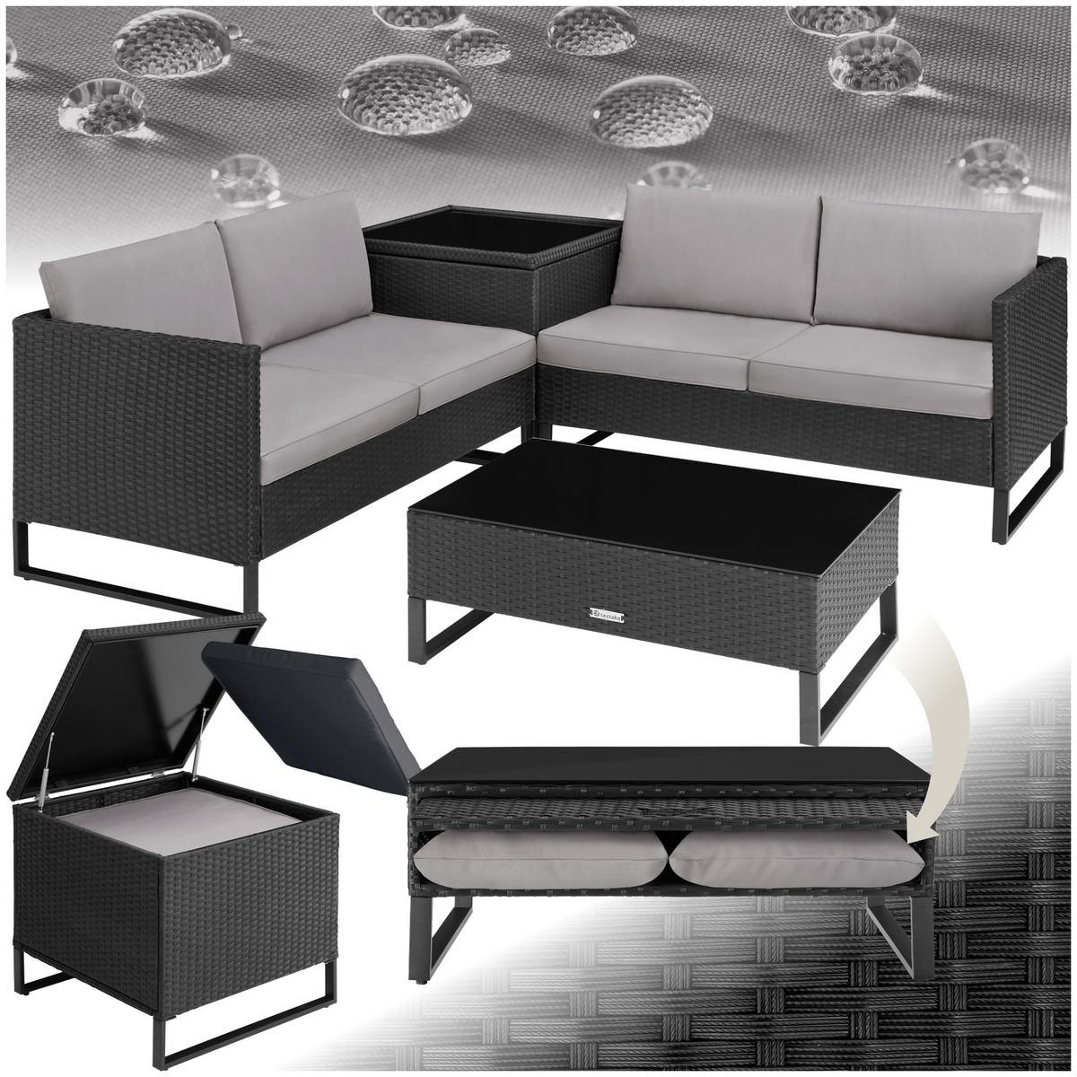 RATTANLOUNGE Ostuni,mit Sicherheitsglasplatte,schwarz - Schwarz, Kunststoff - tectake