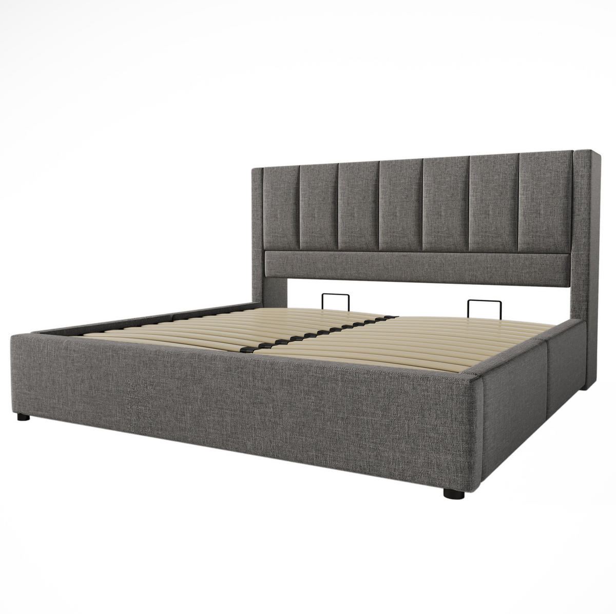 POLSTERBETT 140/200 cm mit Ladestation, verstecktem Becherhalter und hydraulischem Bettkasten und Matratze, Grau - Grau, Textil (140/200cm) - Redom