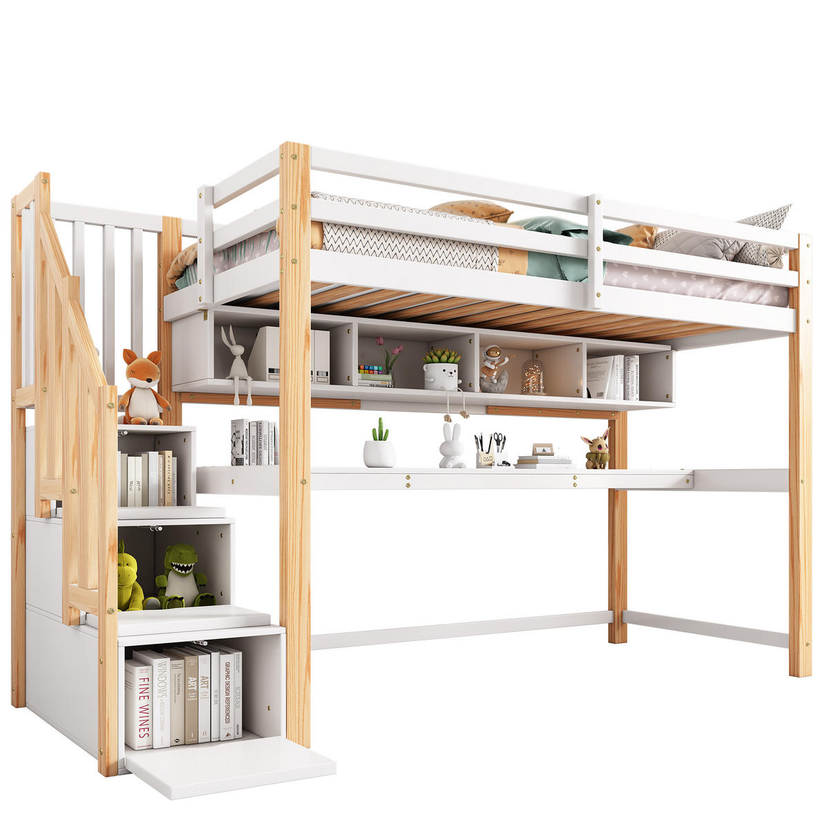 HOCHBETT 90x200cm mit großen Schreibtisch in natürlich und wei - Naturfarben, Holz (90/200cm) - KOMHTOM
