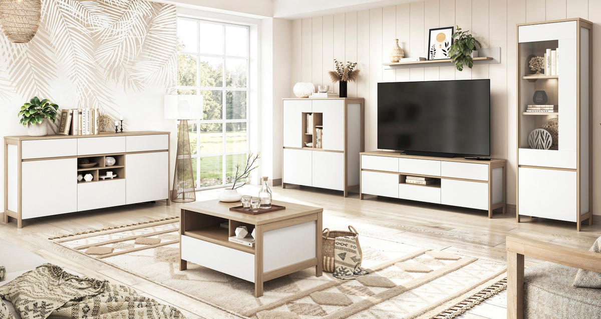 BUFFET weiß, Eiche, Buffetschrank skandinavisch 164 cm mit Soft-Close, Finnes - Eichefarben/Weiß, Glas/Holzwerkstoff (164/195/39cm) - Furn.Design