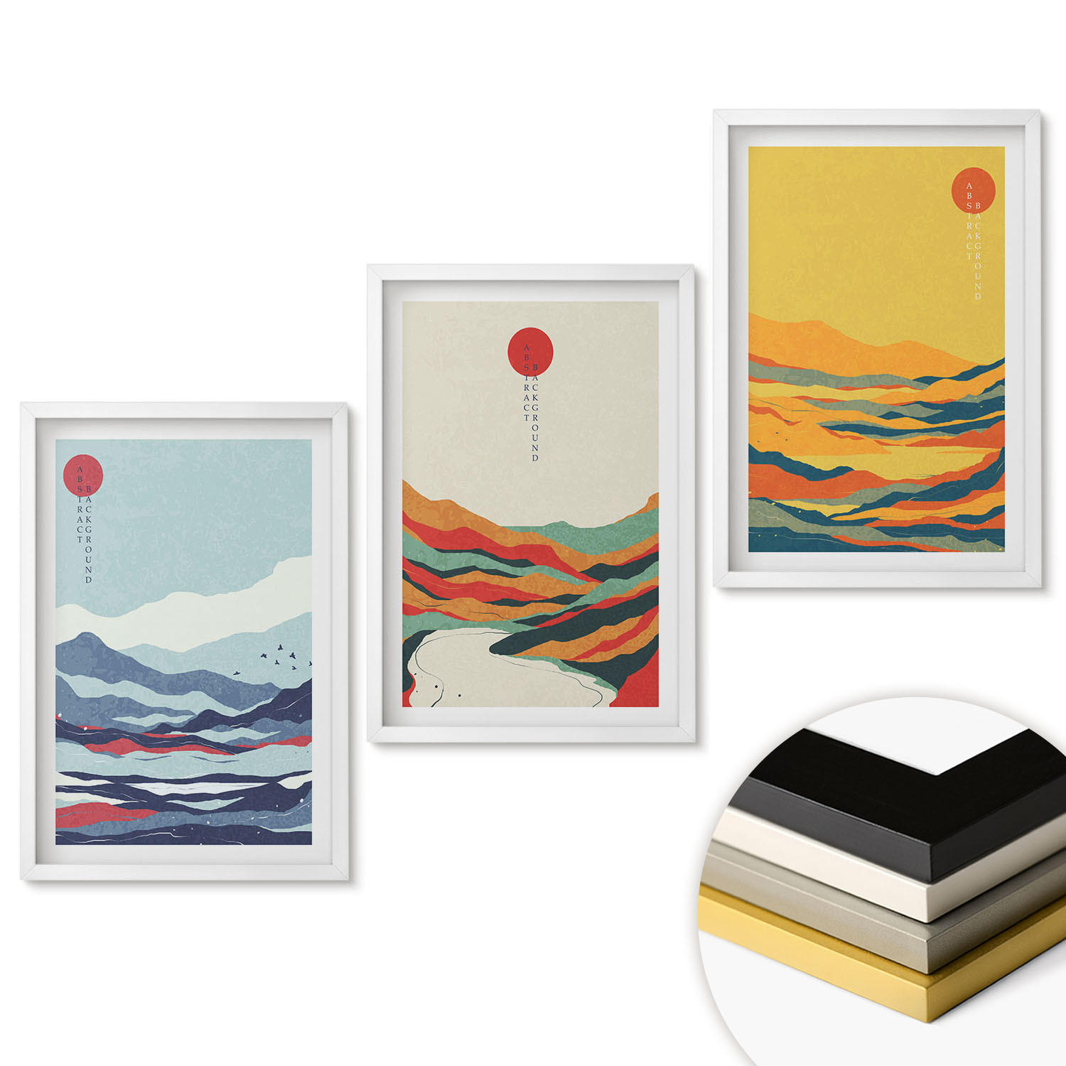 WANDBILDER 3er-Set - 40x60 cm Weißer Rahmen - Abstraktion von farbenfrohen Bergen und Flüssen - Weiß, Kunststoff (40/60cm) - ArtPrintCave