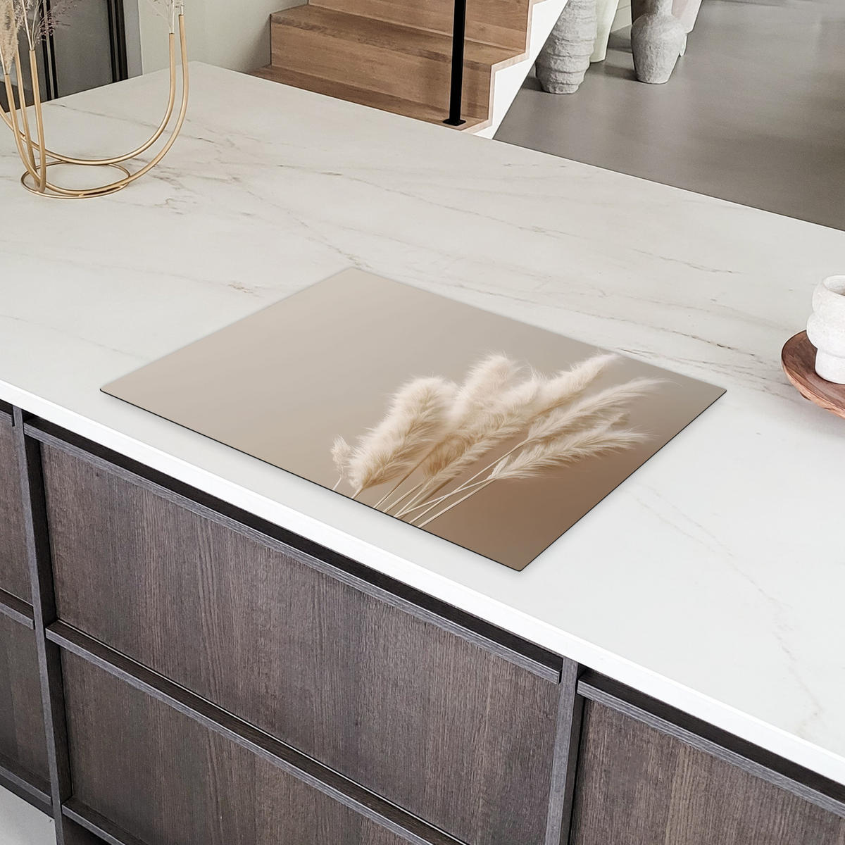 HERDABDECKPLATTE Pampasgras - Federn - Pastell - Weiß Herdabdeckung Induktionsfeld 75x52 cm - Creme, Kunststoff (75/52/0.2cm) - MuchoWow
