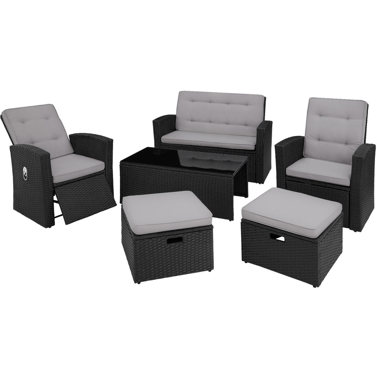 RATTANLOUNGE Bari,mit Sicherheitsglasplatte und Schraubfüßen,schwarz - Schwarz, Kunststoff - tectake