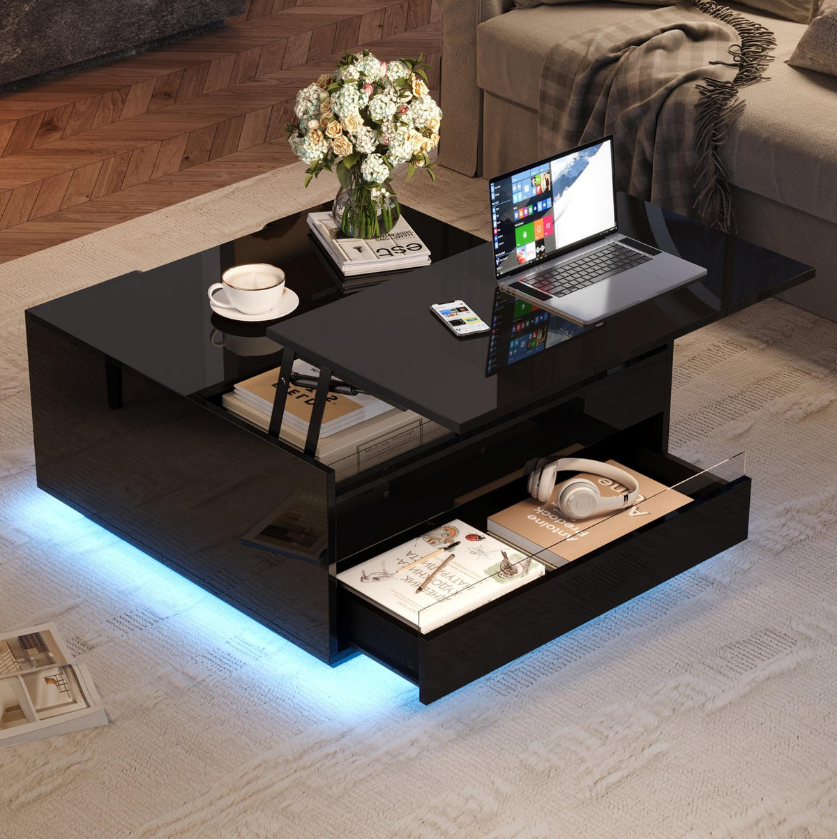 COUCHTISCH 70/70/38 cm schwarz aus Spanplatte mit LED-Lichtstreifen und Stauraum - Schwarz, Holzwerkstoff (70/70/38cm) - OKMYHOME