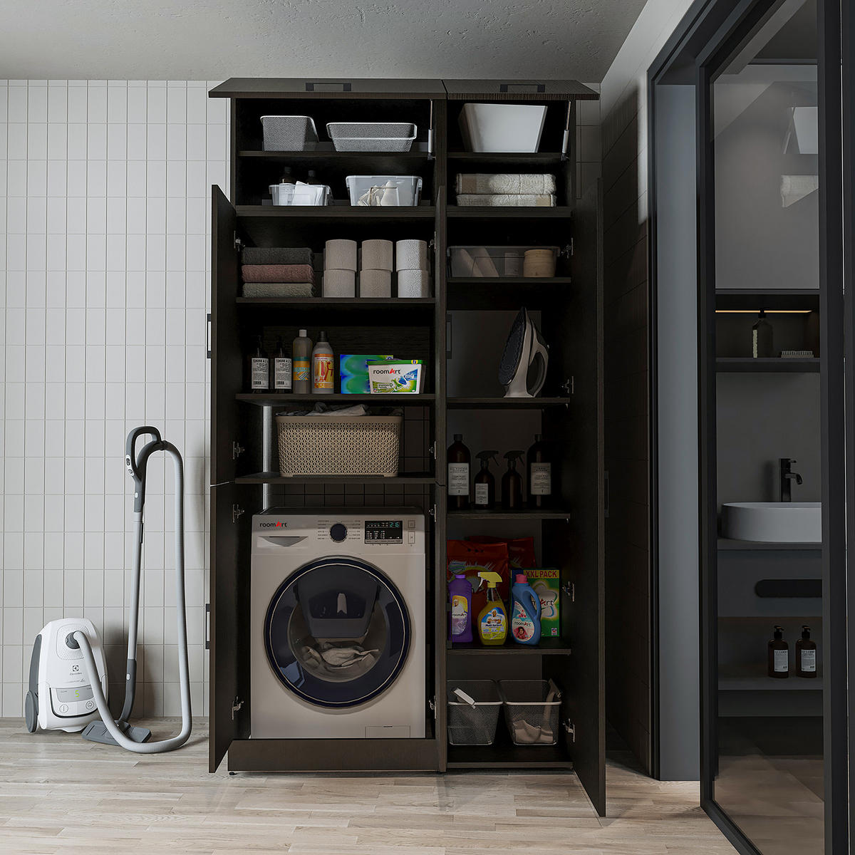 WASCHMASCHINENSCHRANK DORA-II 115cm Breit, 230cm Hoch - Schwarz, Holzwerkstoff (115/230/73.8cm)