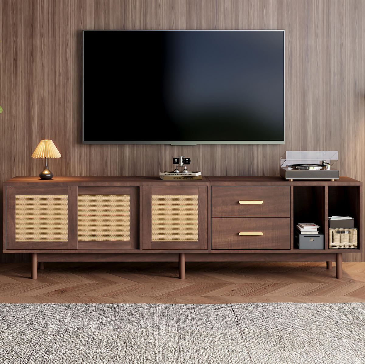TV-LOWBOARD 190/40/52 cm mit 3 Türen, 2 Schubladen und Rattan-Fronten, MDF, Braun - Braun, Holzwerkstoff (190/52/40cm) - Redom