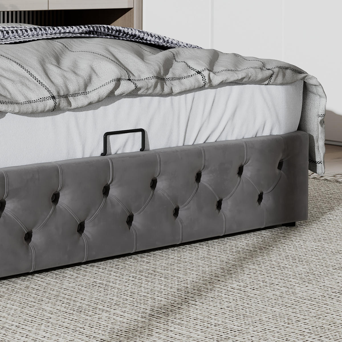 POLSTERBETT 160/200 cm grau mit hydraulischem Bettkasten und Chesterfield-Design - Grau, Textil (160/200cm) - OKWISH