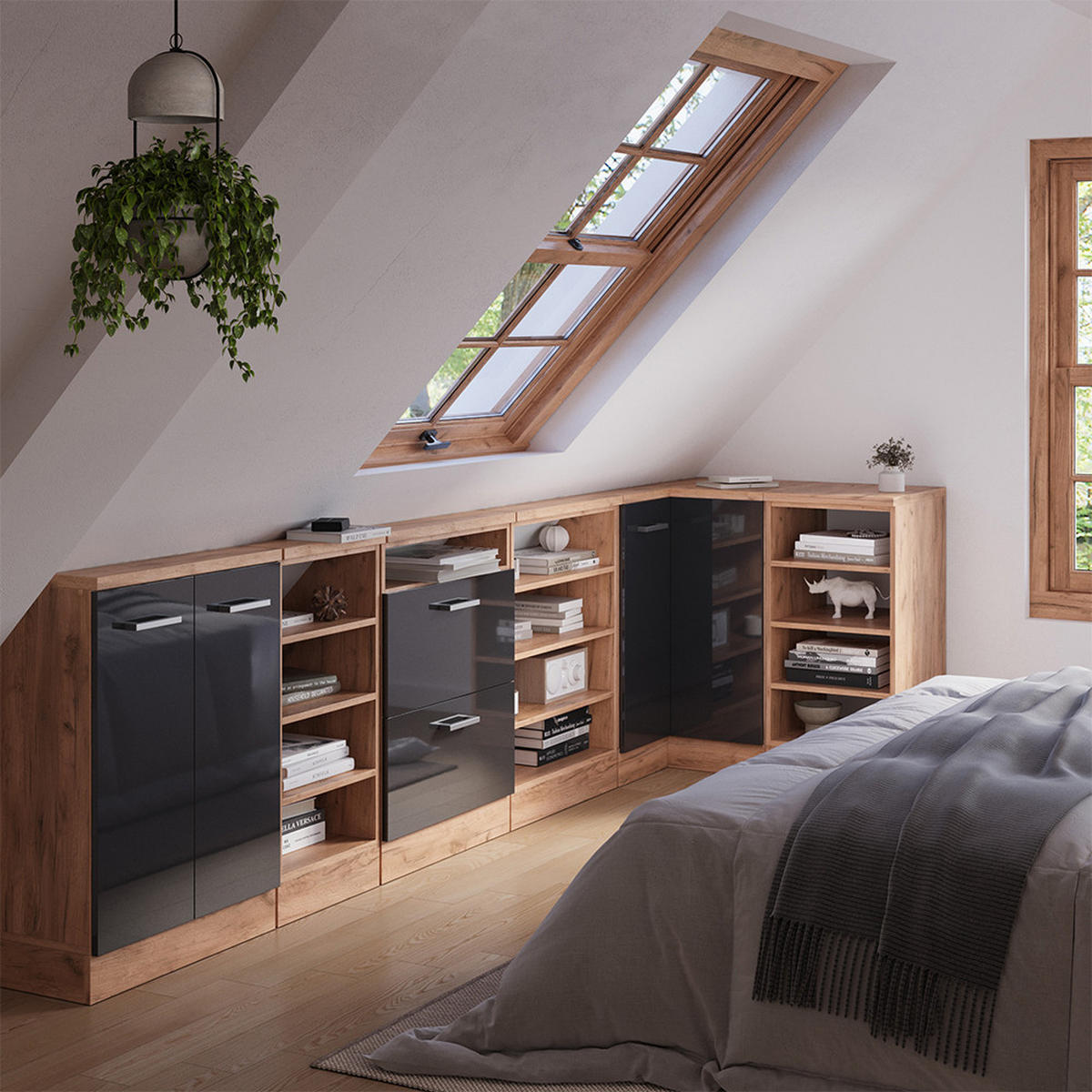 DACHSCHRÄGENSCHRANK ECKSCHRANK Rion Anthrazit Hochglanz/Goldkraft Eiche 75.6 x 81.6 cm mit 1 Tür - Honigeiche/Anthrazit, Holzwerkstoff (75.6/81.6/75.6cm) - Vicco