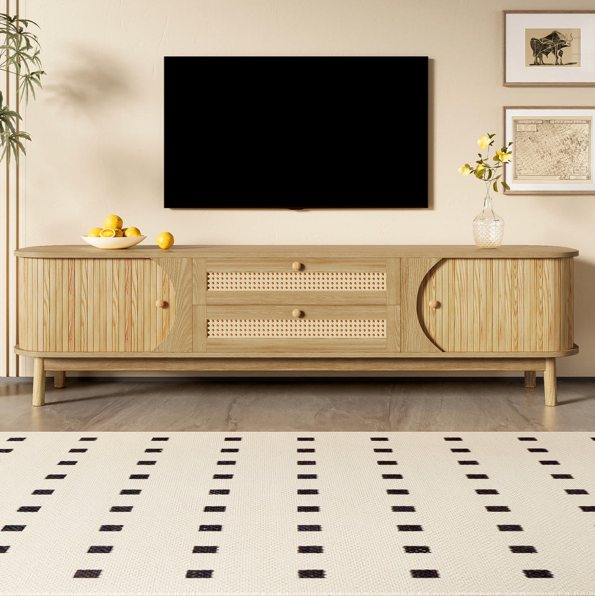 TV-SCHRANK aus MDF und Massivholz 170x39,5x46 cm Natur mit Türen und Schubladen im Rattan-Look - Eichefarben, Holzwerkstoff (170/46/39.5cm) - Modfu