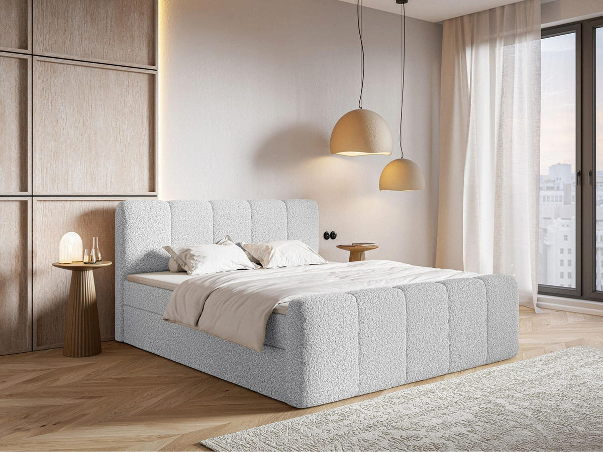 BOXBETT Cloudy II mit Bettkästen und Topper Bouclé Hellgrau, 180x200 cm - Hellgrau/Schwarz, Kunststoff/Textil (180/200cm) - Selsey