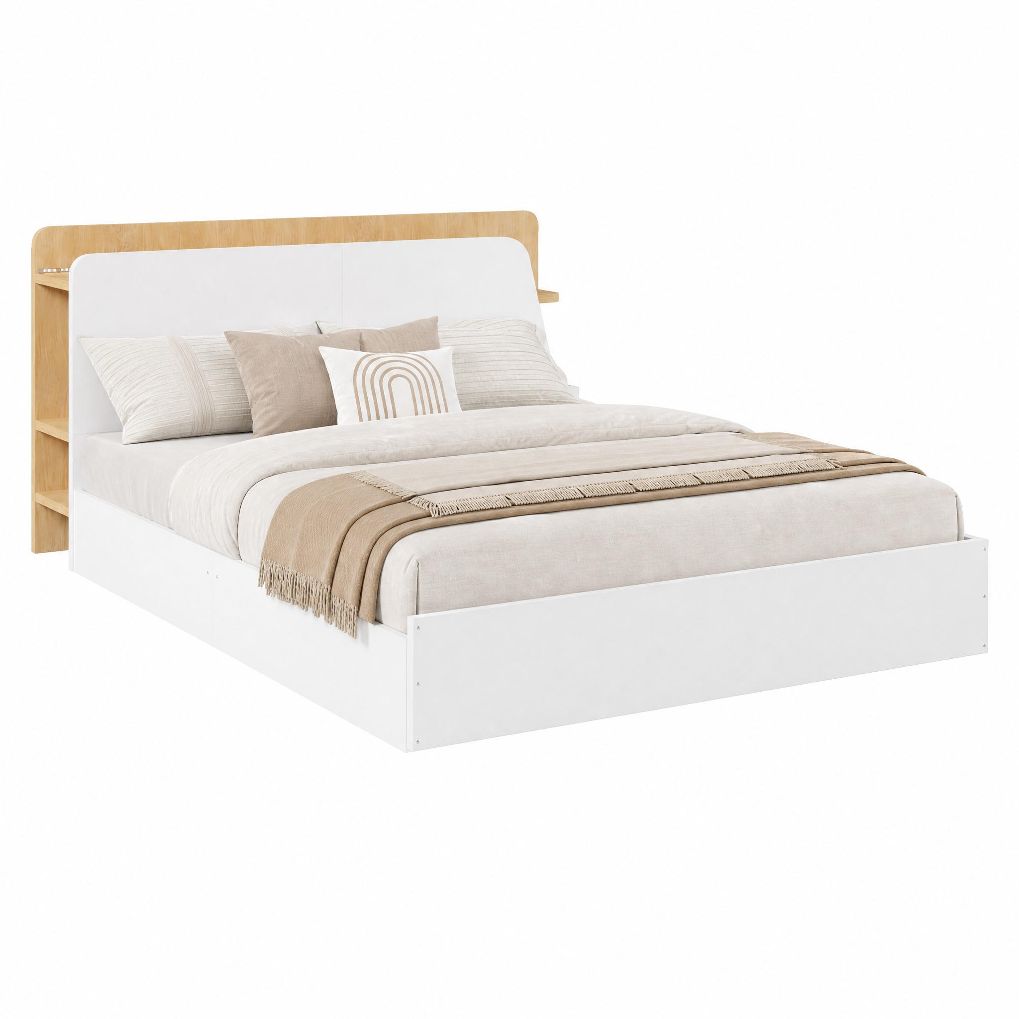 BETT mit Stauraum und LED 140x200 cm Weiß/Natur - Weiß, Metall (140/200cm) - Meubliv