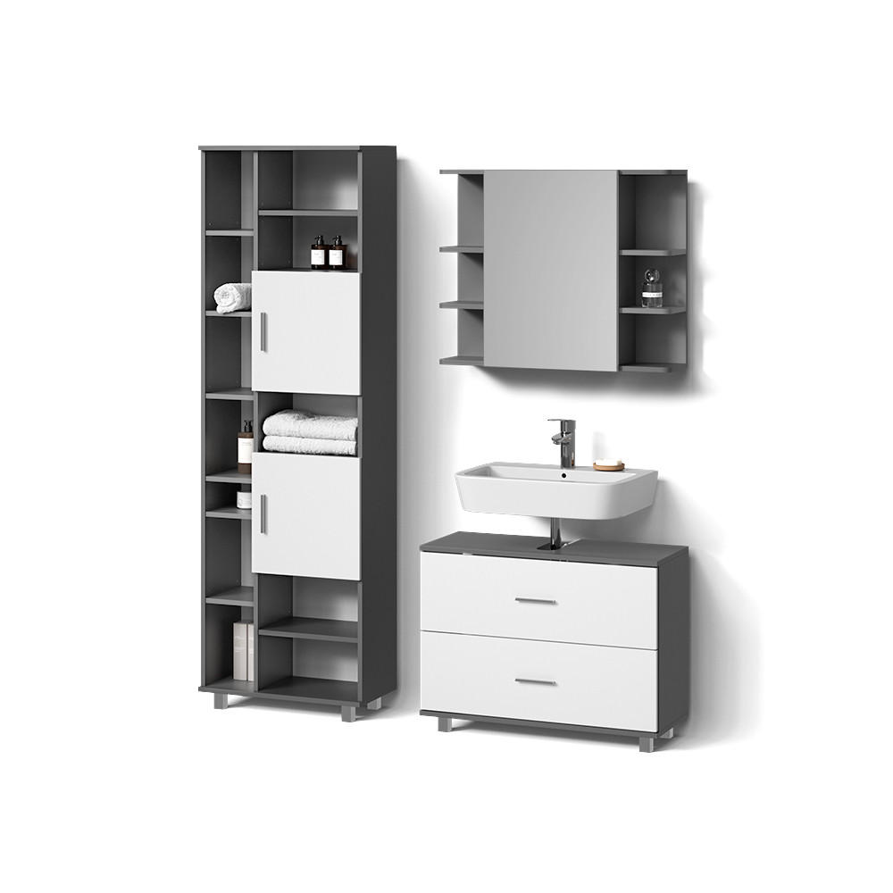 BADMÖBEL-SET Eisak Anthrazit 3 Teile, mit Hochschrank - Anthrazit/Weiß, Holzwerkstoff (80/60/33cm) - Livinity®