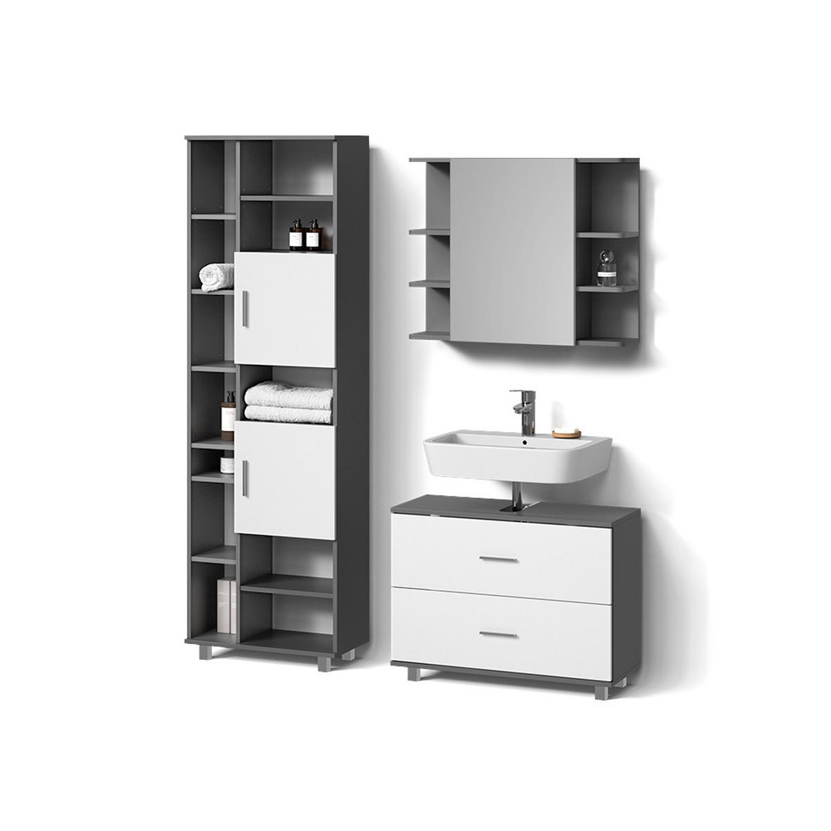 BADMÖBEL-SET Eisak Anthrazit 3 Teile, mit Hochschrank - Anthrazit/Weiß, Holzwerkstoff (80/60/33cm) - Livinity®