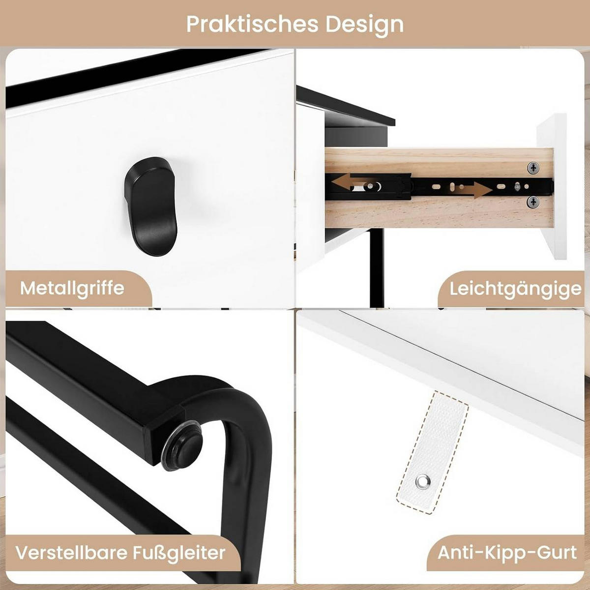 SCHMINKTISCH mit LED, Spiegel, 5 Schubladen, Seitenschrank, Weiß - Schwarz/Weiß, Holzwerkstoff/Metall (100/126/40cm) - Woltu