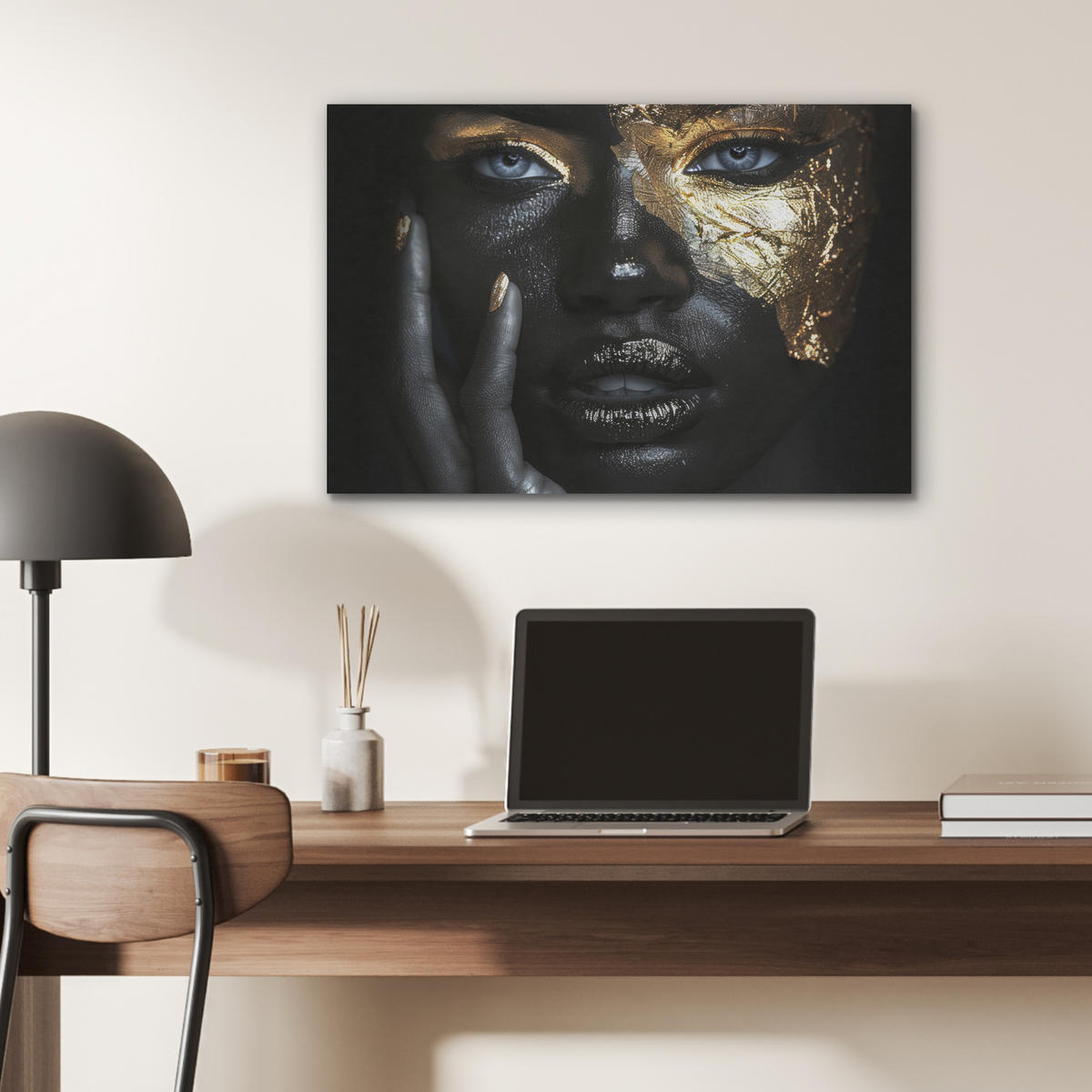 AKUSTIKBILD Frau - Gold - Porträt - Schwarz-Weiß - Luxus Wanddeko 70x50 cm - Hellblau, Kunststoff (70/50/0.9cm) - MuchoWow