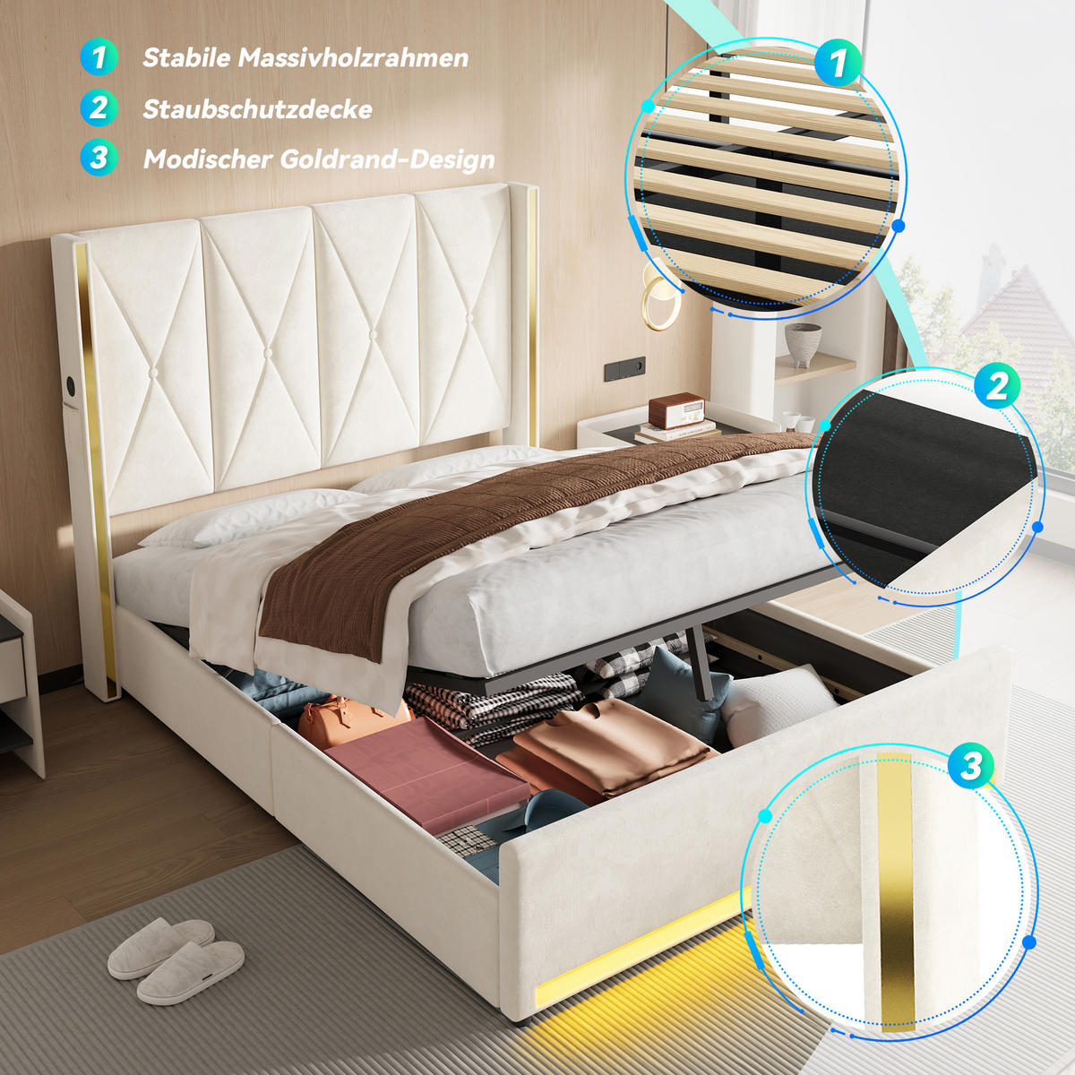 POLSTERBETT 160/200 cm in Beige Samt mit Bettkasten, USB, Type-C und LED - Beige, Holzwerkstoff/Textil (160/200cm) - WISHDOR