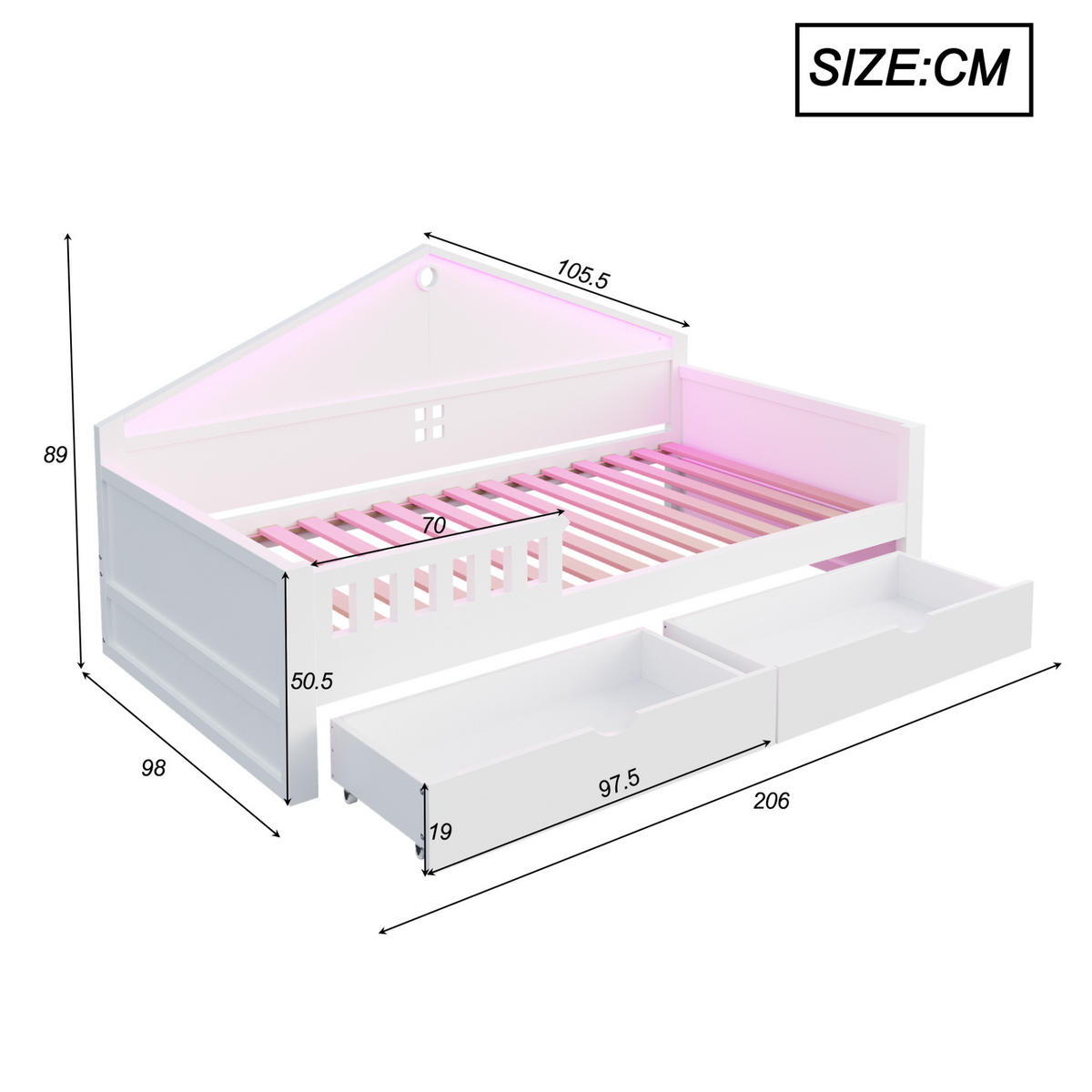 KINDERBETT 90/200 cm mit LED-Lichtleiste, 2 Schubladen und Lattenrost, Holzwerkstoff/MDF, Weiß - Weiß, Holzwerkstoff (90/200cm) - Redom