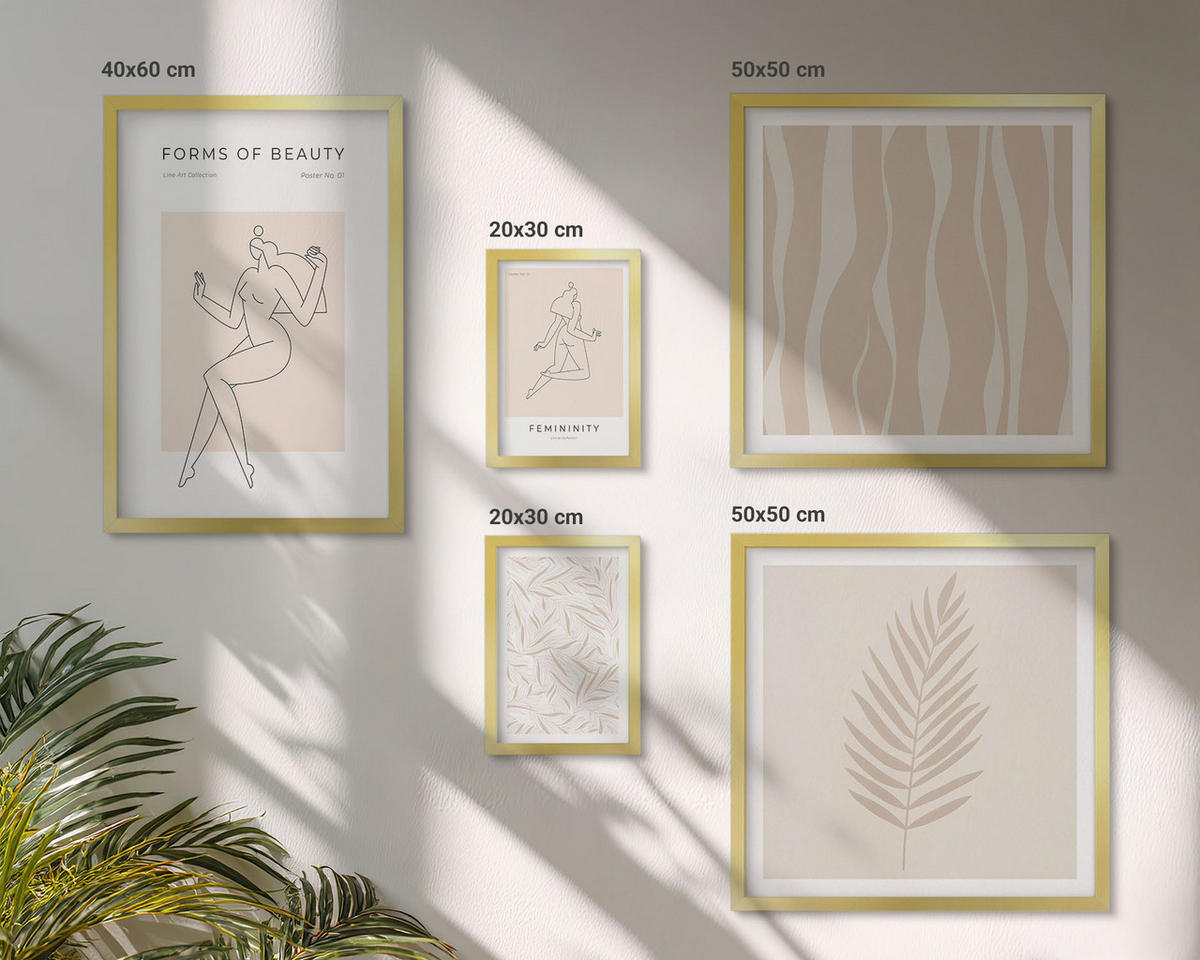 WANDBILDER 5er Set - 50x50 cm & 20x30 cm & 40x60 cm Goldrahmen - Minimalistische Pflanzenmotive - Goldfarben, Kunststoff (40/60cm) - ArtPrintCave