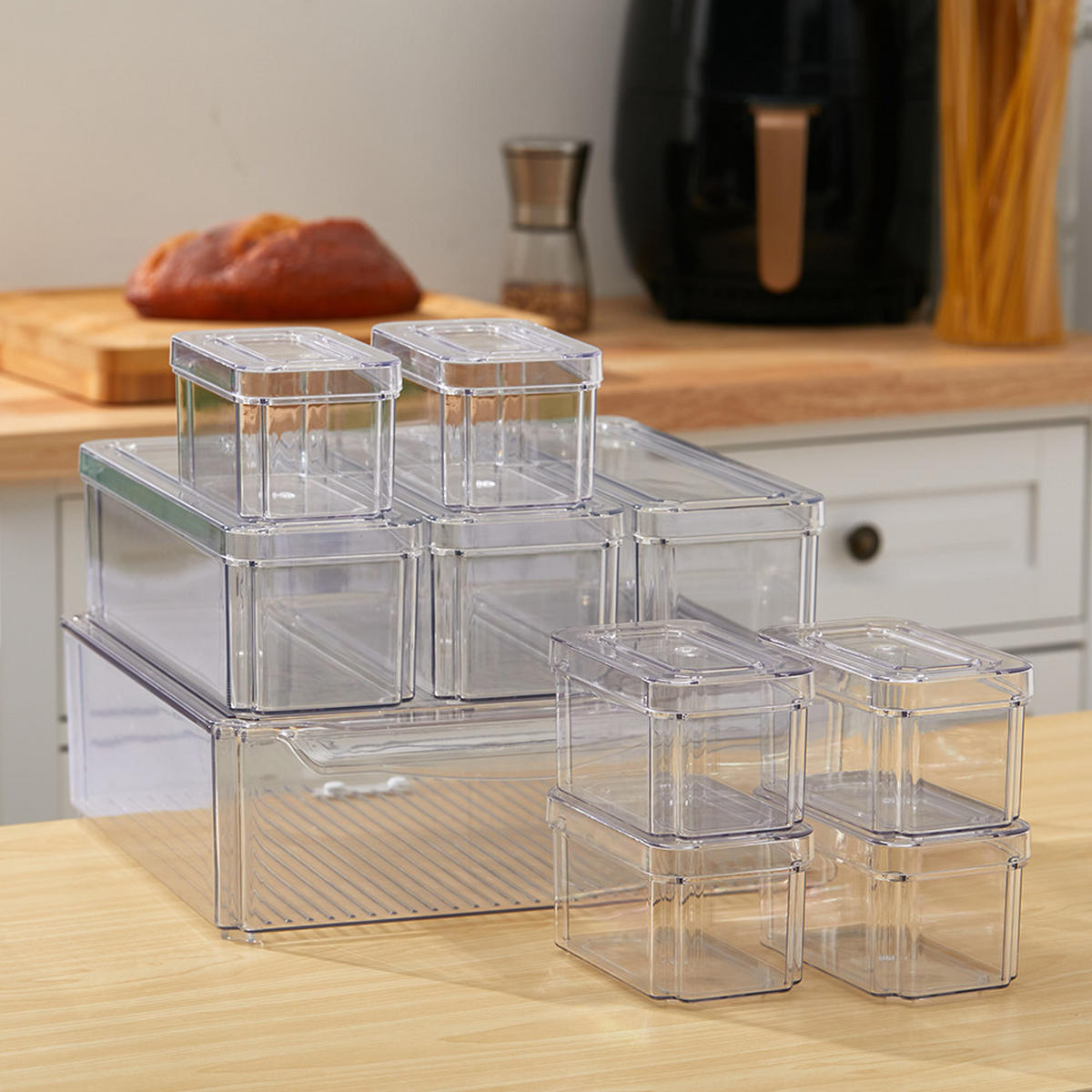 KÜHLSCHRANKORGANIZER-SET 10er-Set 3 Größe PET in Küchen in Kühlschrank stapelbar transparente Frischhaltedosen mit Deckel 12,3/7,5/7 cm - Weiß, Glas/Holz (30/9.8/30cm) - Livingandhome