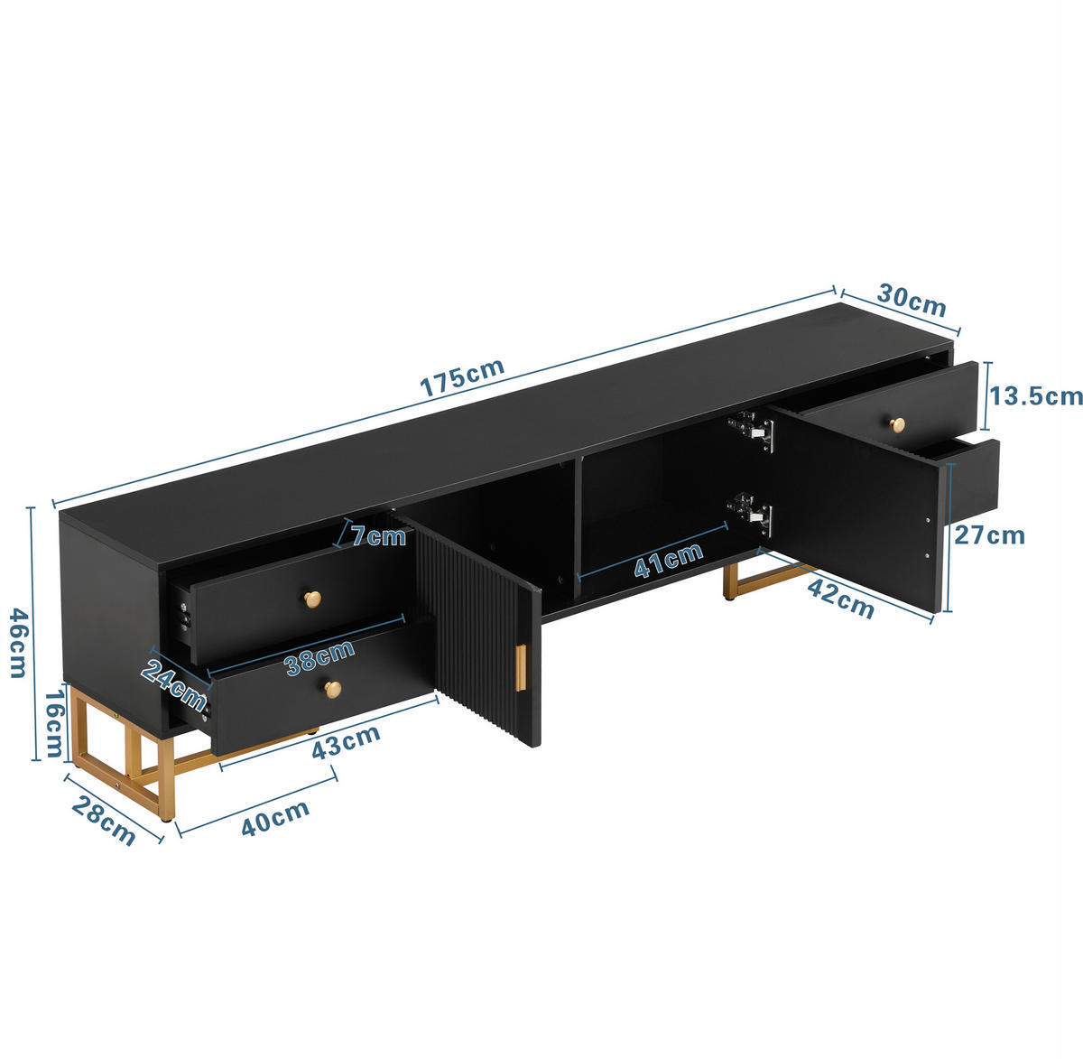 TV-SCHRANK 175/30/46 cm schwarz MDF mit 4 Schubladen und goldenen Füßen - Schwarz, Holzwerkstoff (175/46/30cm) - OKWISH