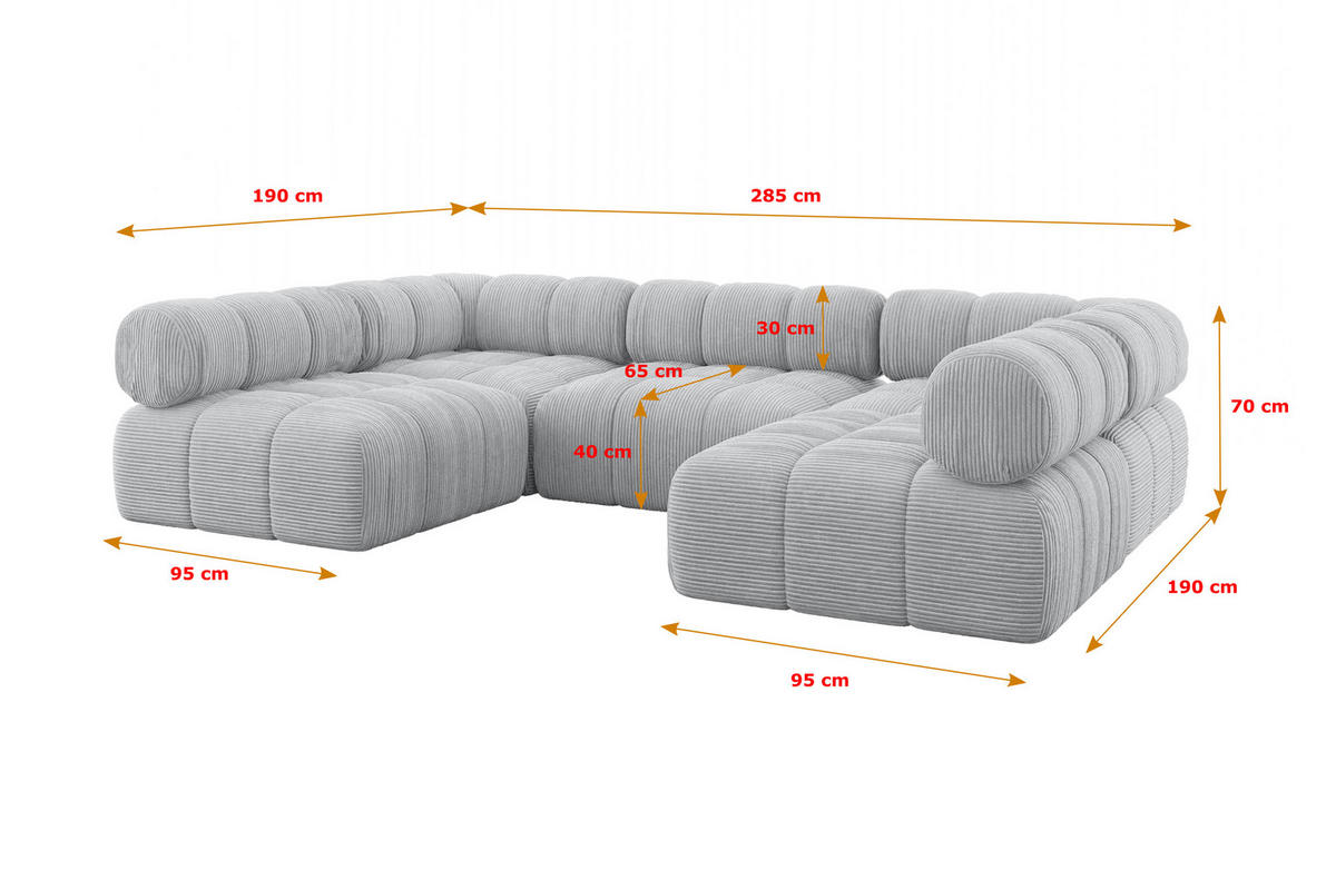 WOHNLANDSCHAFT modulares Sofa Garvo-U1 - 285x190x70 cm Grau Cord - Grau, Holzwerkstoff/Textil (285/70/190cm) - ALTDECOR