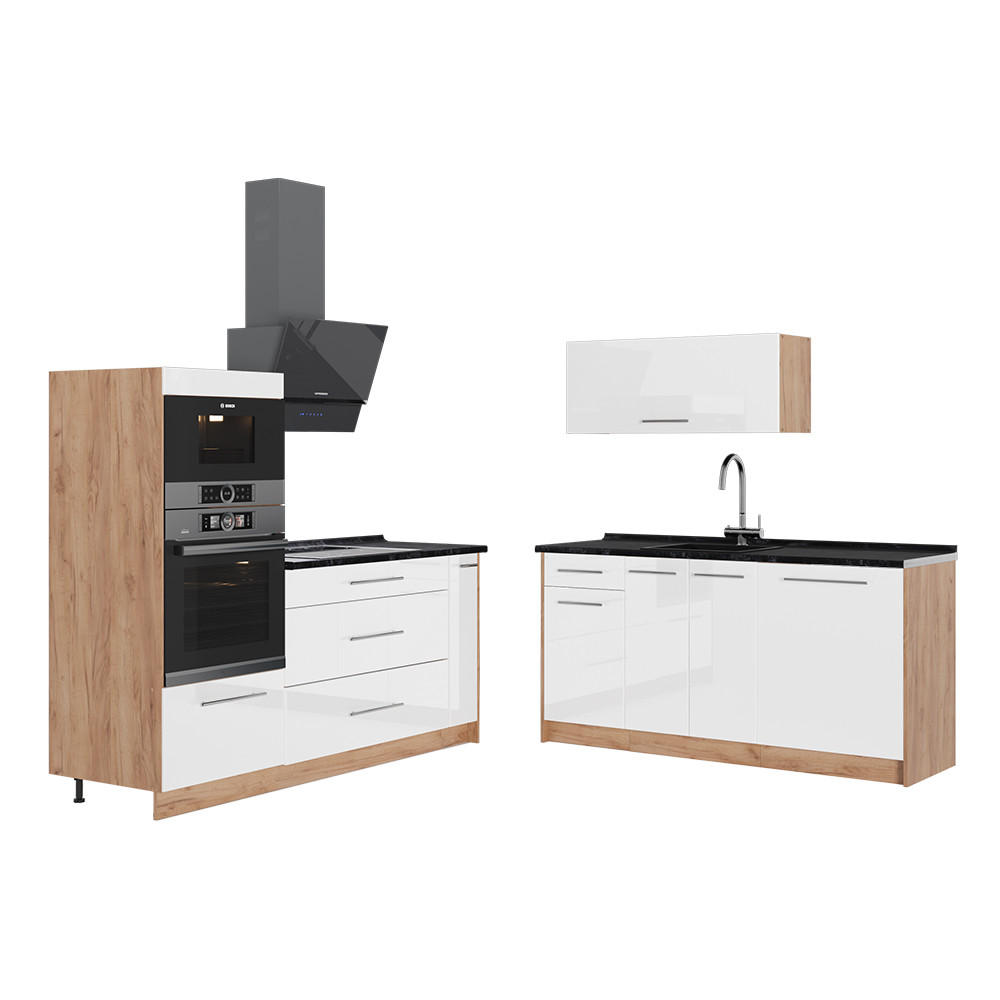 KUCHYŇA Fame-Line, Biely vysoký lesk/Dub Goldkraft, 340 cm, AP Antracit - biela s vysokým leskom/dub medový, kompozitné drevo (340/153.6/60cm) - Vicco