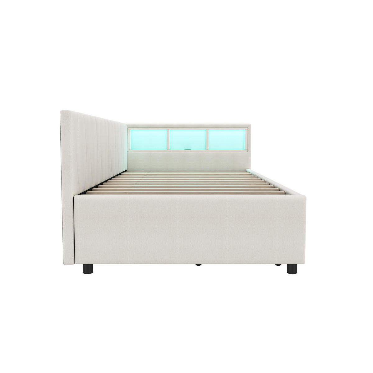 POLSTERBETT 90/200 cm mit Ablagefach USB+Typ C mit LED-Beleuchtung und zwei Schubladen Leinen Beige - Beige, Textil (90/200cm) - OKWISH