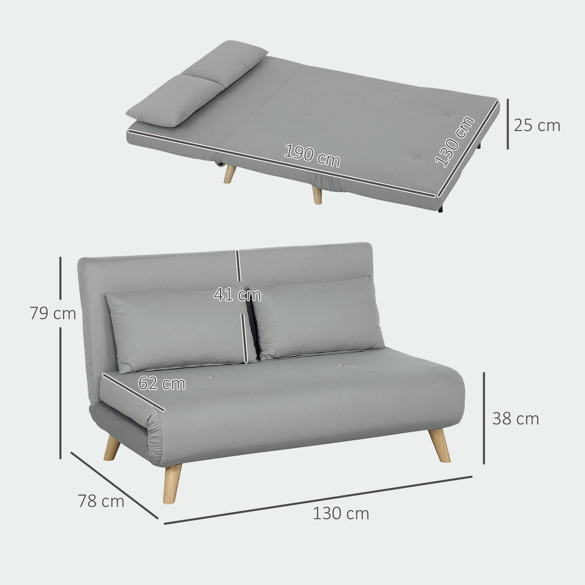 SCHLAFSOFA Sofa mit Schlaffunktion 130 X 78 cm Couch mit Lendenkissen, Hellgrau - Hellgrau/Naturfarben, Holz/Textil (78/79/130cm) - HOMCOM