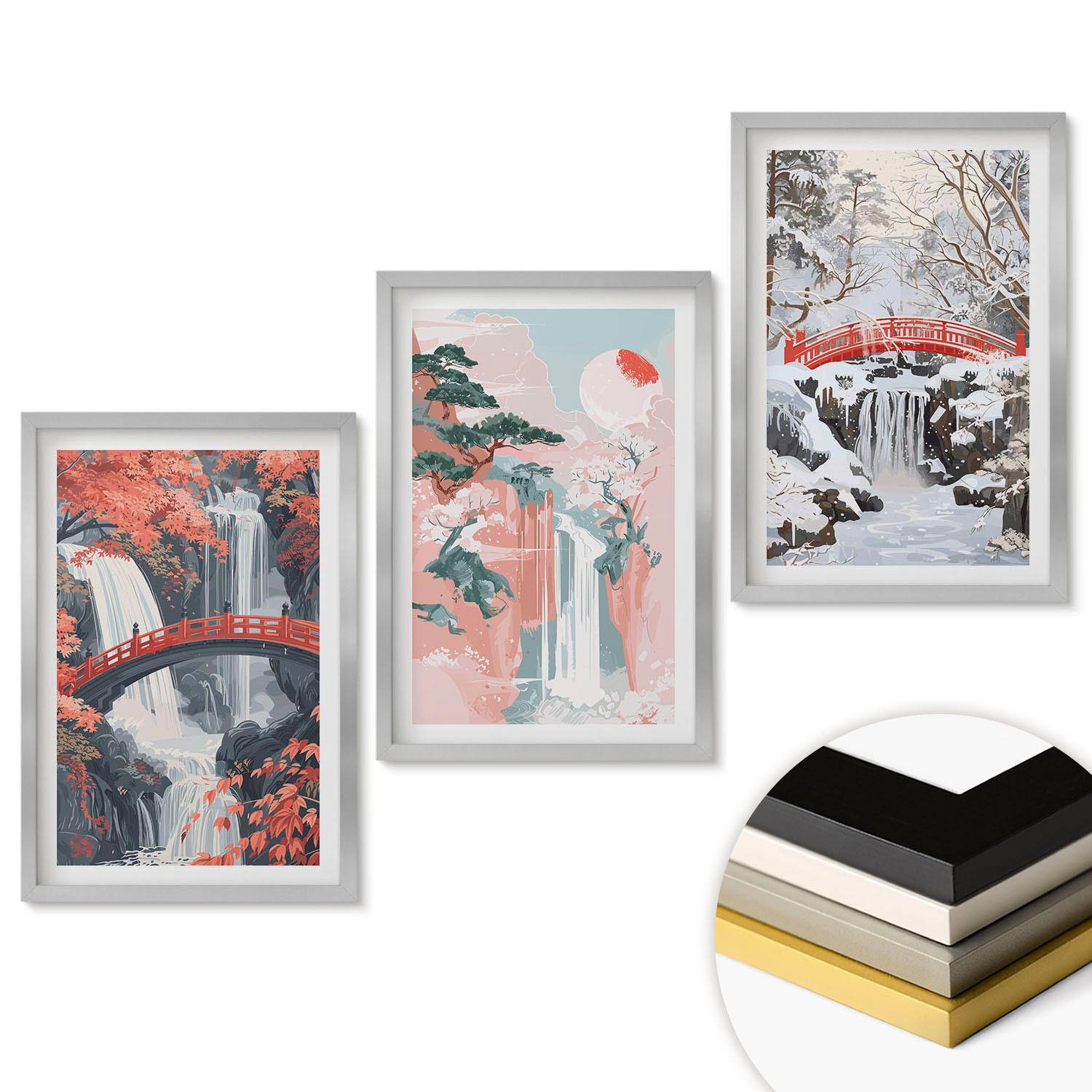 WANDBILDER 3er Set - 40x60 cm Silberner Rahmen - Wasserfälle der Jahreszeiten - Silberfarben, Kunststoff (40/60cm) - ArtPrintCave