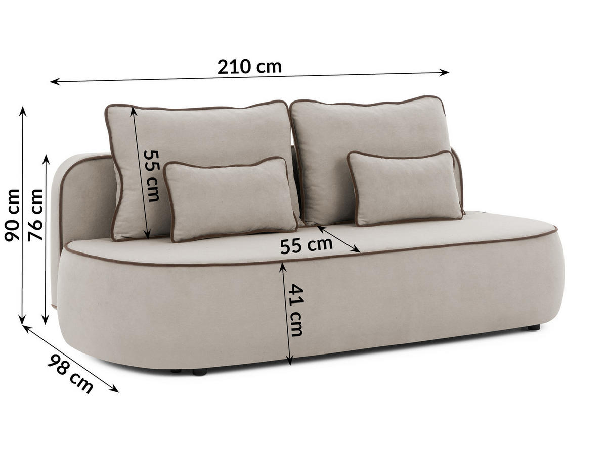 KINDERSOFA Vero im modernen und abgerundeten Design mit Schlaffunktion und Bettkasten aus Taupe Plüschstoff mit brauner Paspel - Taupe/Schwarz, Holz/Kunststoff (210/90/98cm) - S-Style Möbel