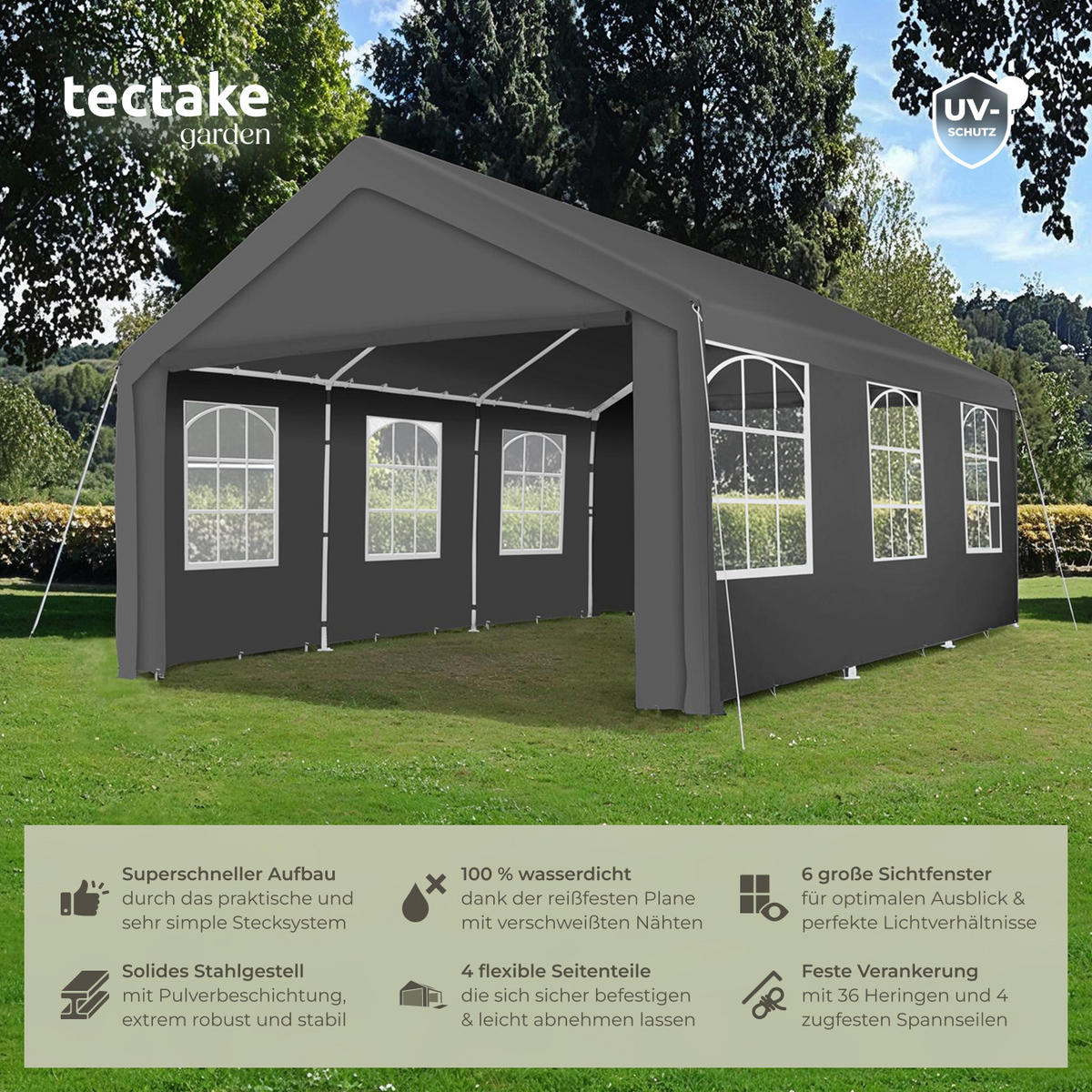 PAVILLON Jasko,inklusive Spannseilen und Heringen,grau - Grau, Kunststoff (400/315/600cm) - tectake