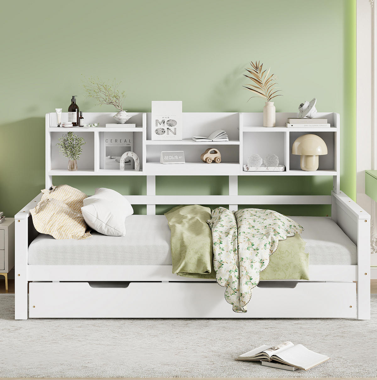 BETT mit integriertem Regal und Ausziehfunktion 90/200 cm Kiefernholz Weiß - Weiß, Holz (90/200cm) - OKWISH