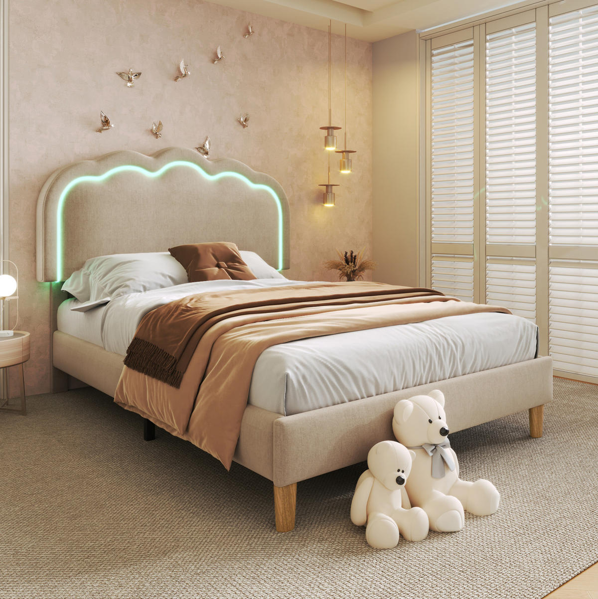 BETT mit LED-Kopfteil 90x190 cm Leinen Beige - Beige, Metall (90/190cm) - Meubliv