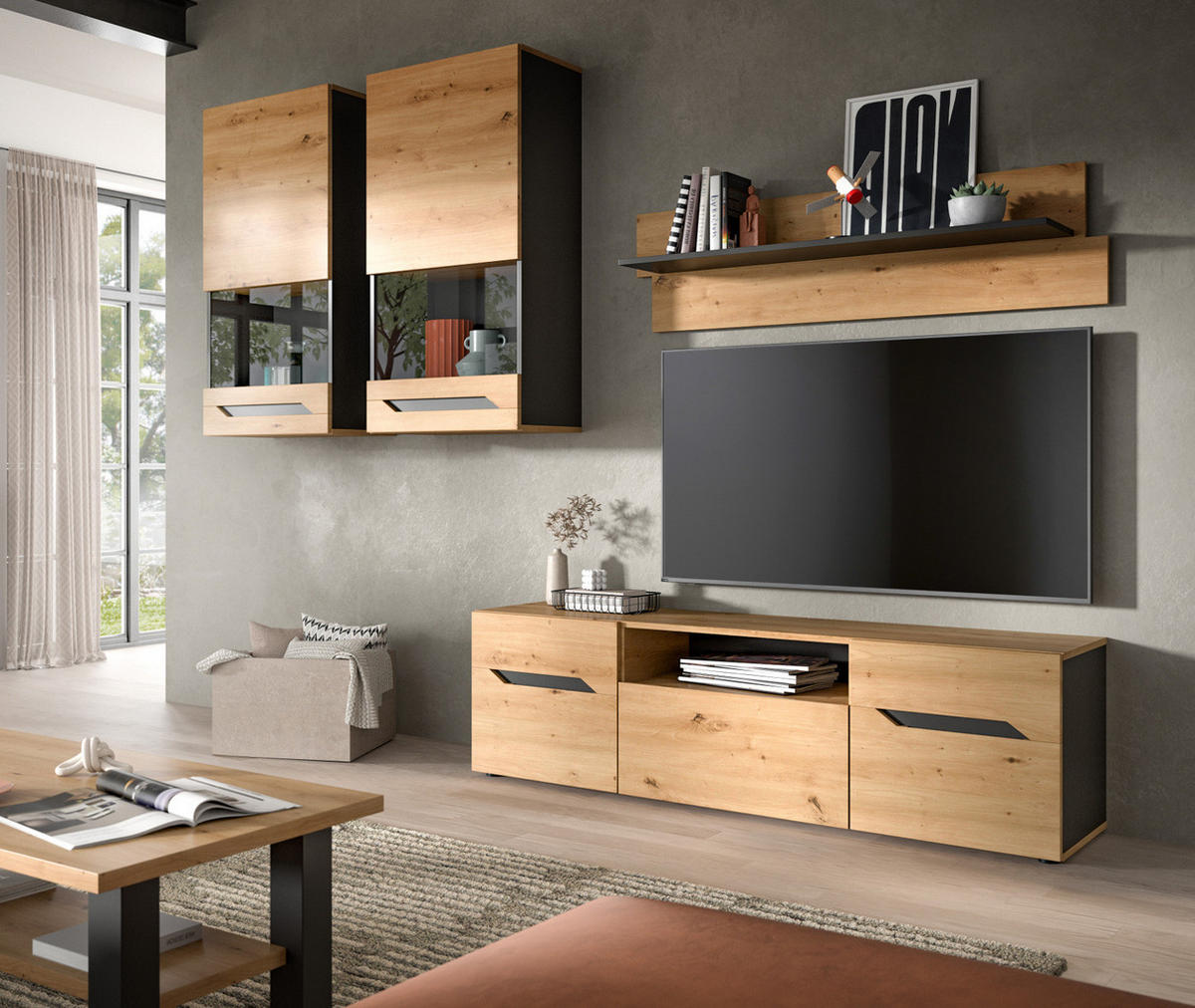 WOHNWAND Eiche Artisan und Grau, Set mit 2x Vitrine hängend / stehend, Breite 260 cm - Dunkelgrau/Schwarz, Glas/Holzwerkstoff (354/196/40cm) - Inn.Furn