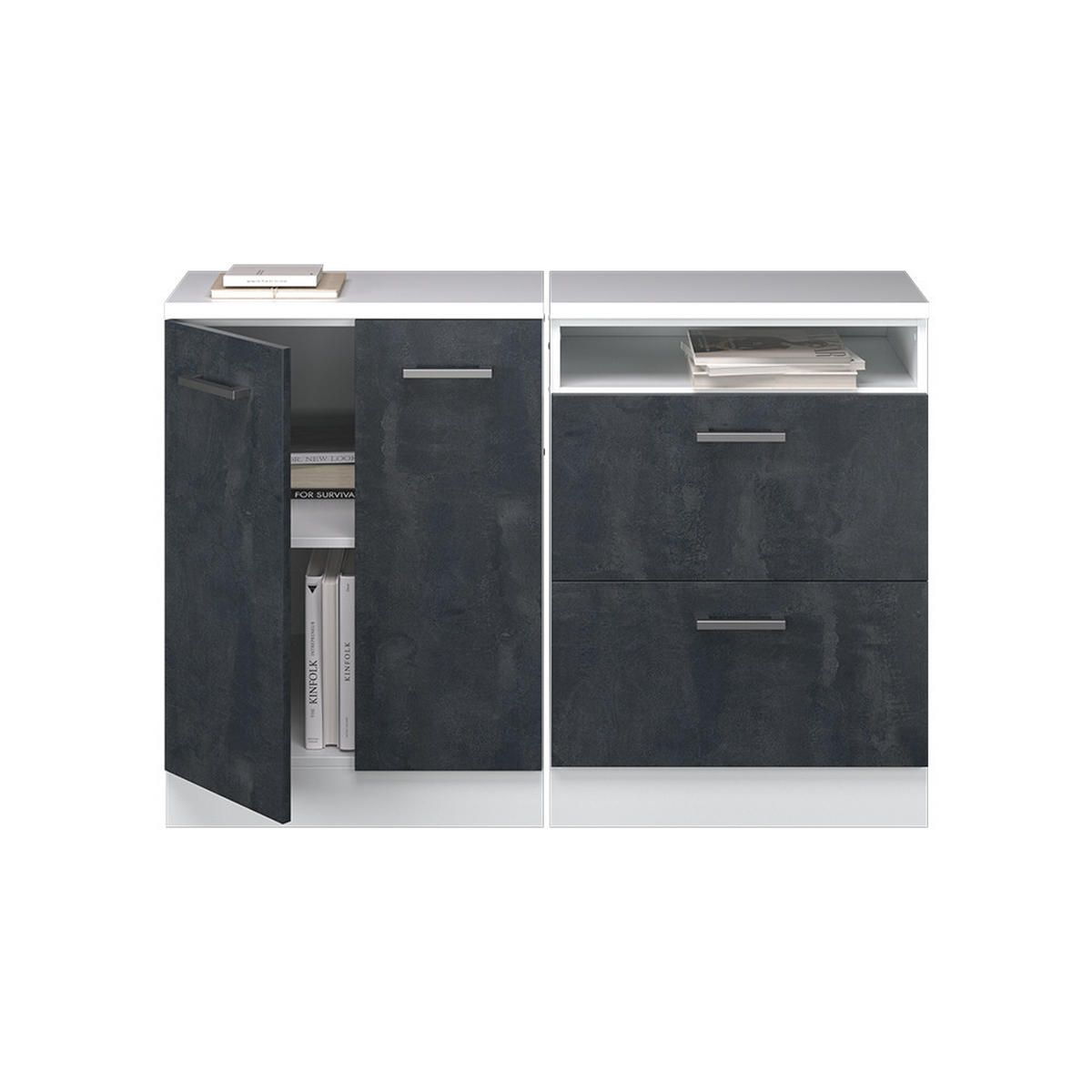 KOMPLET OMAR S POŠEVNO STREHO Rion Črni beton 120 cm Komplet 2 korpusov omare globina 60 cm - črna/bela, leseni material (120/83.8/60cm) - Vicco