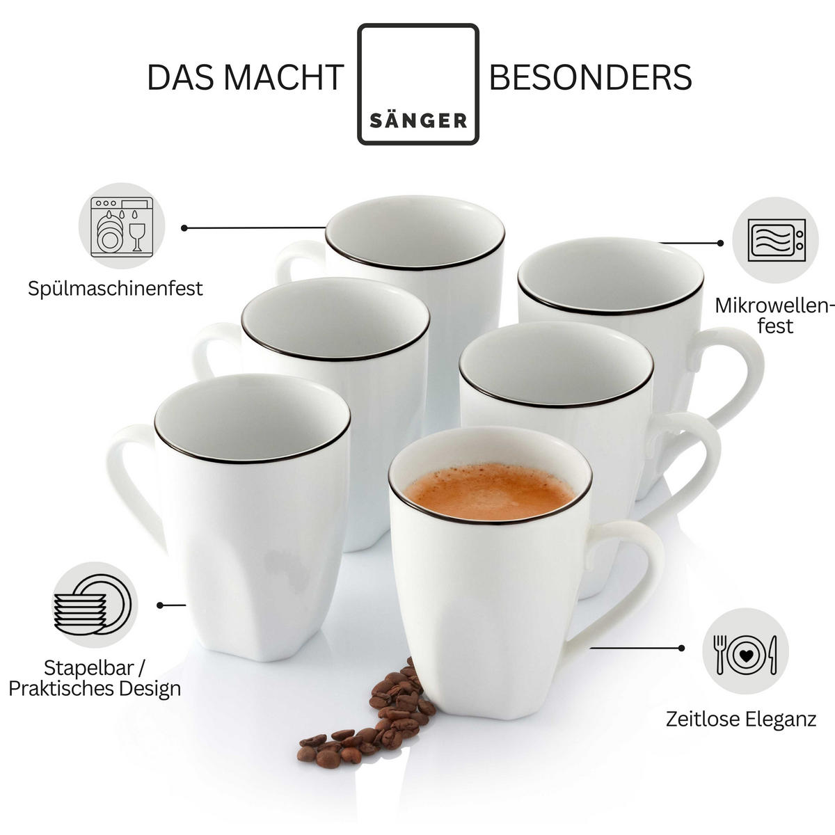 KAFFEEBECHER SET BILGOLA BLACK RIM - 6 teilig - Weiß, Keramik (32.5/18.5/22.5cm) - Sänger