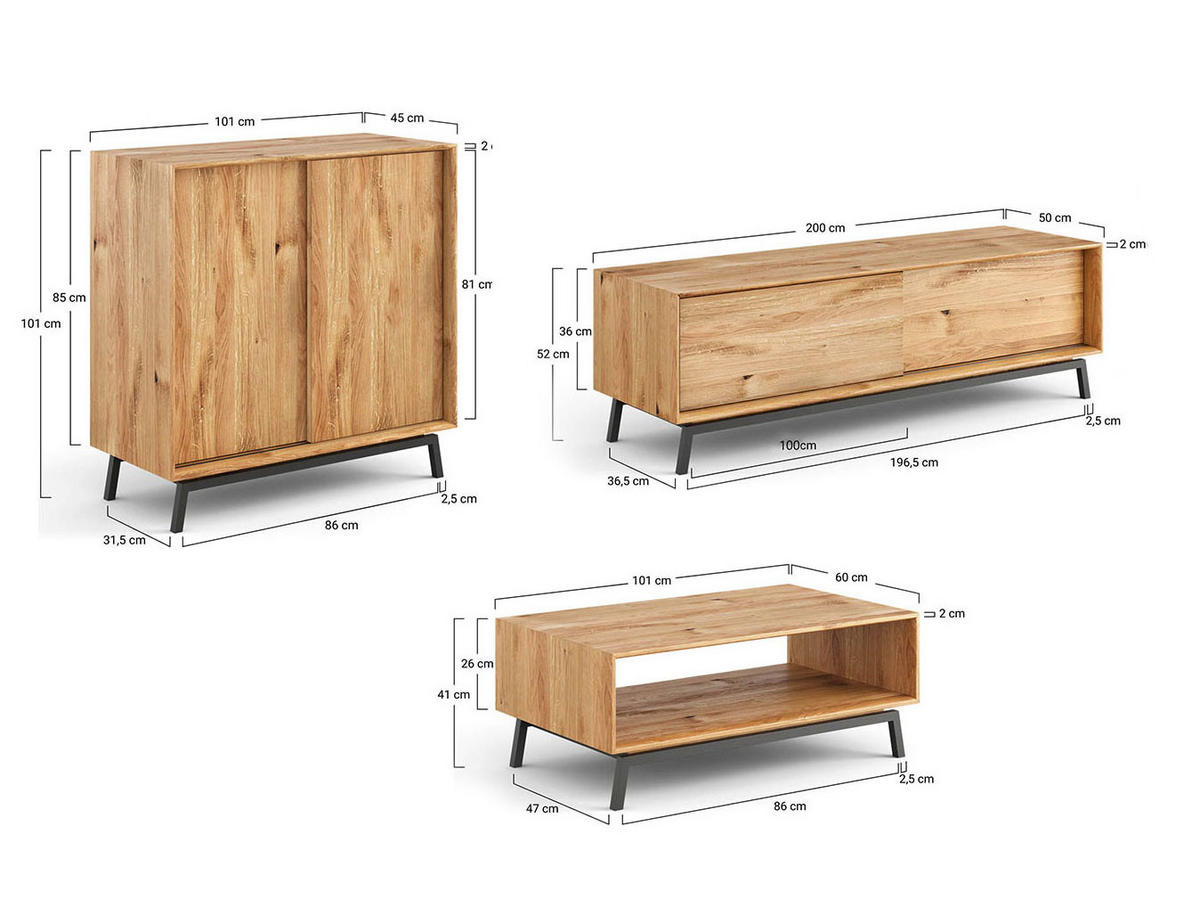 WOHNWAND 3er-Set Modern Loft Eiche Natur 402 / 60 / 101cm - Eichefarben/Schwarz, Holz/Metall (402/101/60cm) - Feldmann-Wohnen