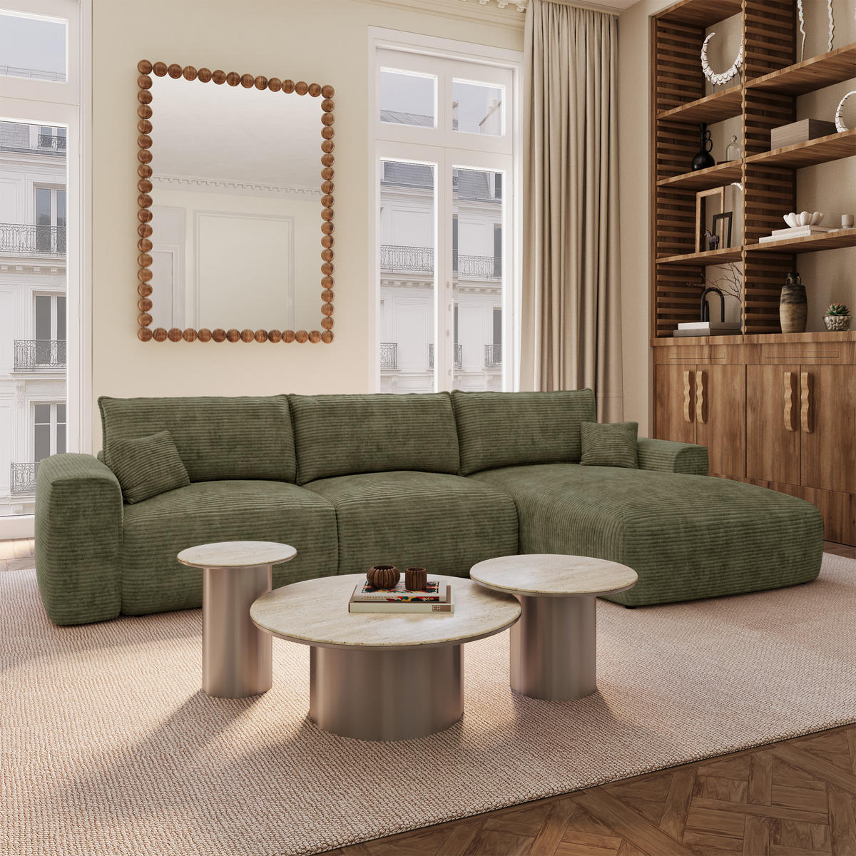 ECKSOFA rechtwinklig COMO Cord Olivgrün 297cm - Olivgrün/Grün, Textil (297/167cm) - Premium Interiors