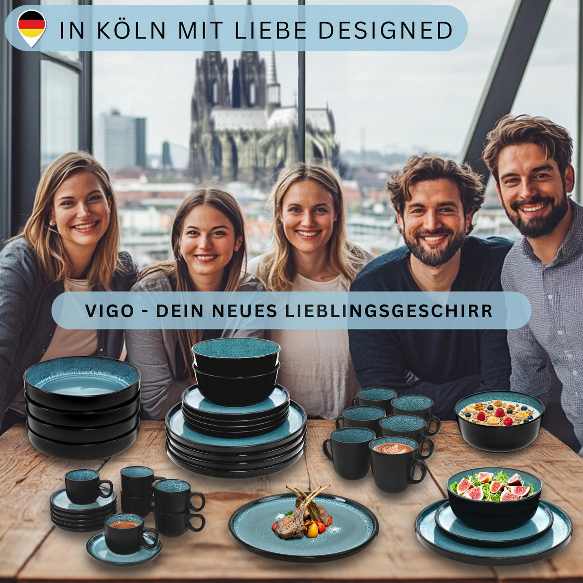 DESSERTTELLER SET VIGO - 6 teilig aus Steingut - Blau, Stein (20.3cm) - Sänger