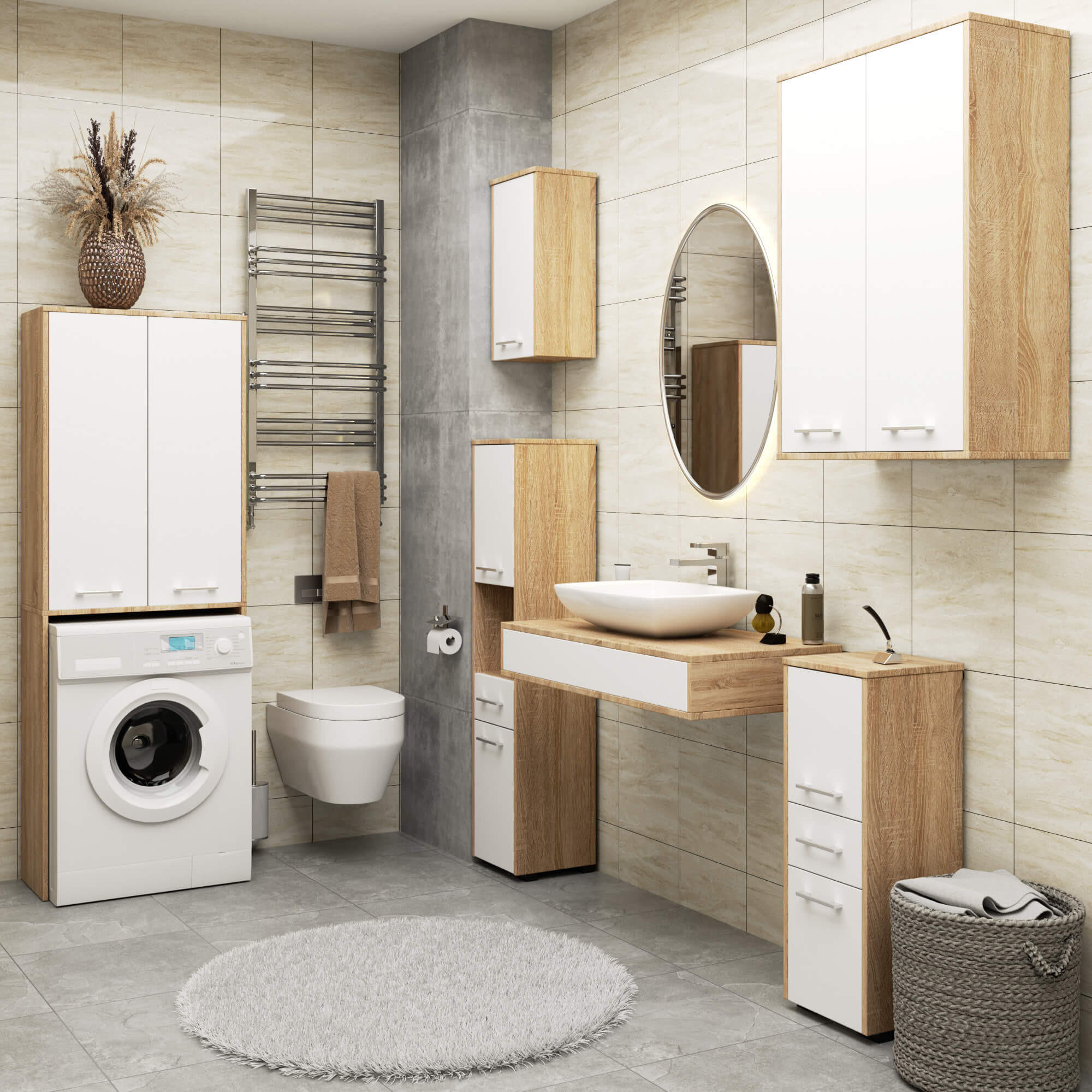 WASCHMASCHINENSCHRANK FIN Sonoma Eiche, Weiß 30x64x180 cm - Silberfarben/Weiß, Holzwerkstoff/Kunststoff (64/180/30cm) - Akord
