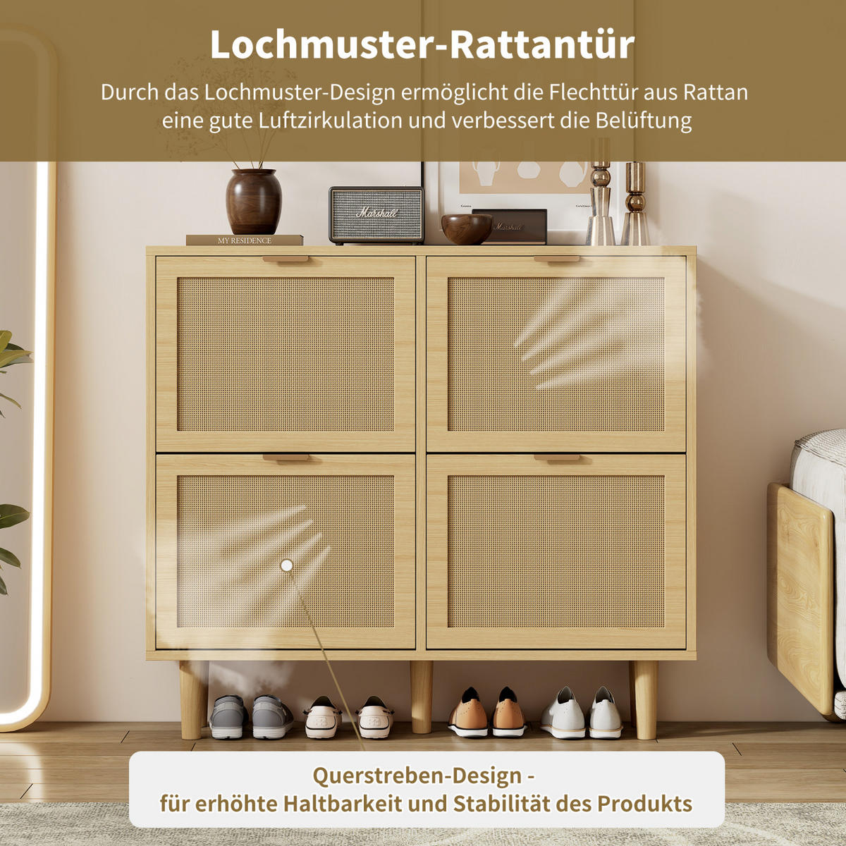 SCHUHSCHRANK in Rattanoptik Eiche mit 4 Klappen, Schuhkipper für Flur und Diele - Naturfarben, Holz (100/90/25cm) - PARAFTA HOME