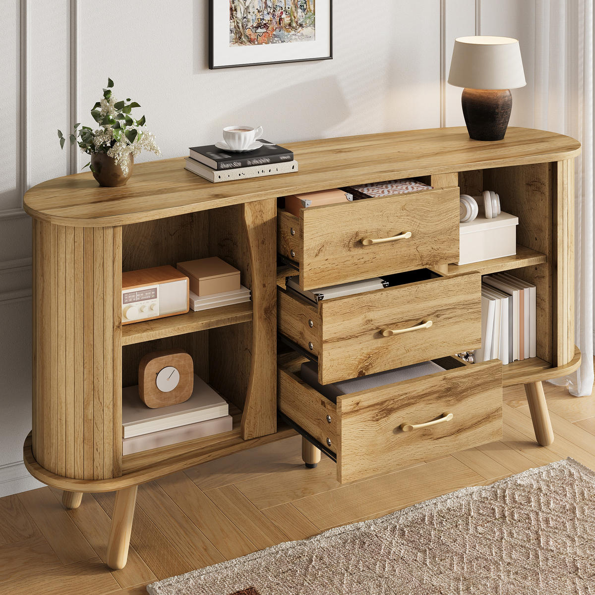SIDEBOARD Skandi Holzoptik Schiebetüren Schubladen MDF - Honigeiche, Holzwerkstoff (36.5/75/150cm) - FLIEKS